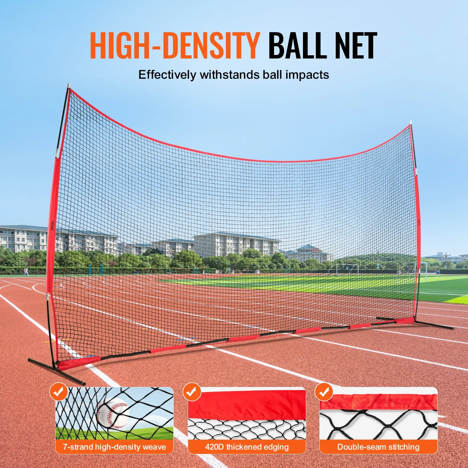 VEVOR Barricade Backstop Net, 20x10 ft Ball Sports Barrier Netting, Portable Practice Equipment with Carry Bag, Protection Screen for Baseball Softball Lacrosse Soccer Hockey Training, for Backyard - Image 3
