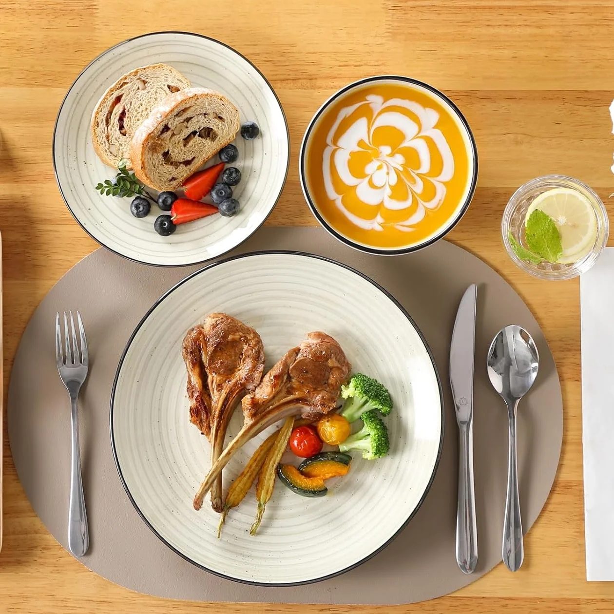 Dinnerware Sets 12 Pieces Bonbon Beige Dinner Set, Plates and Bowls Sets with Dinner Plates Bowls Handpainted Spirals Pattern Dish Sets, Service for 4