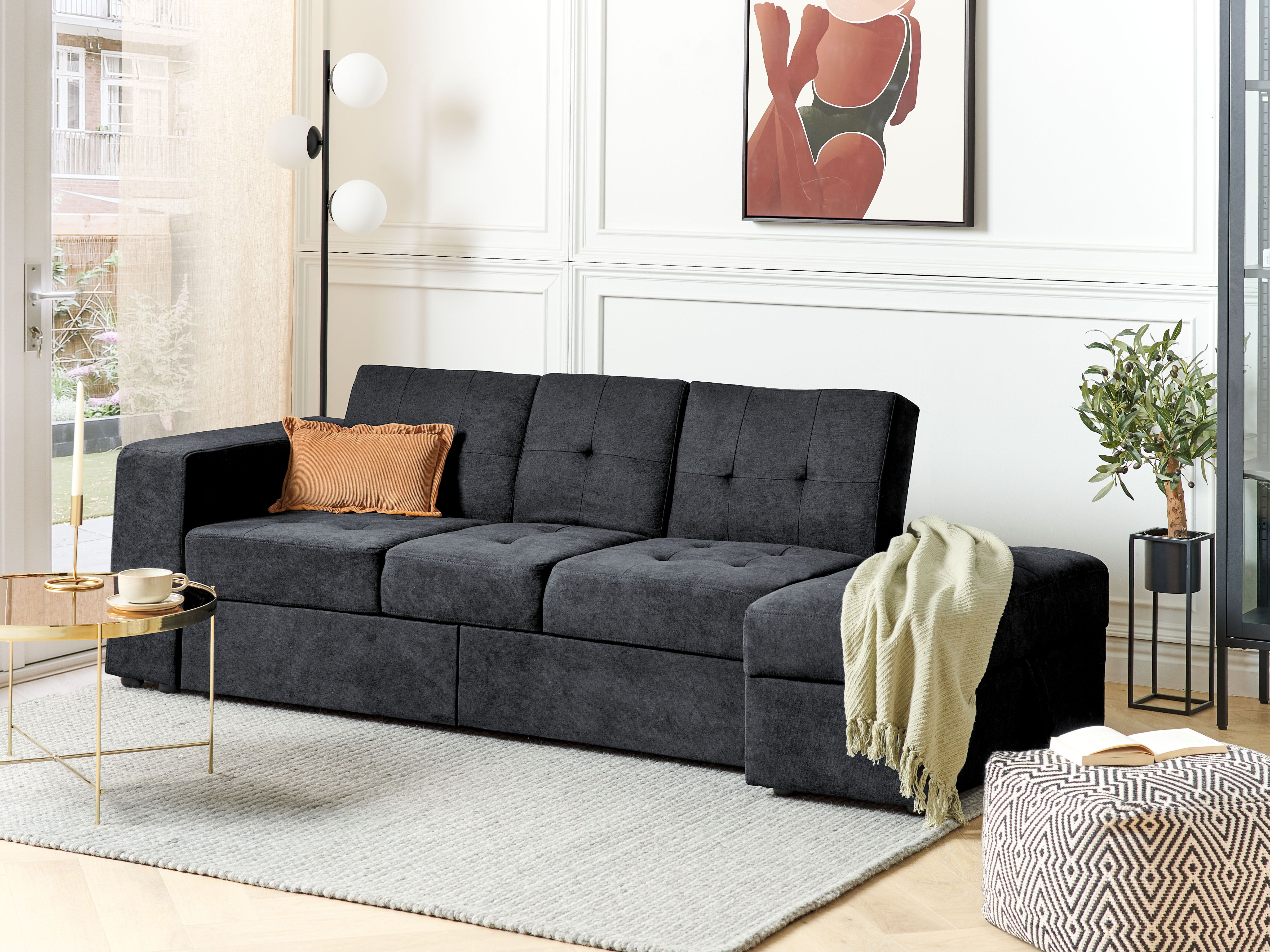 Sofa Bed 3 Seater FALSTER Fabric Black with Storage