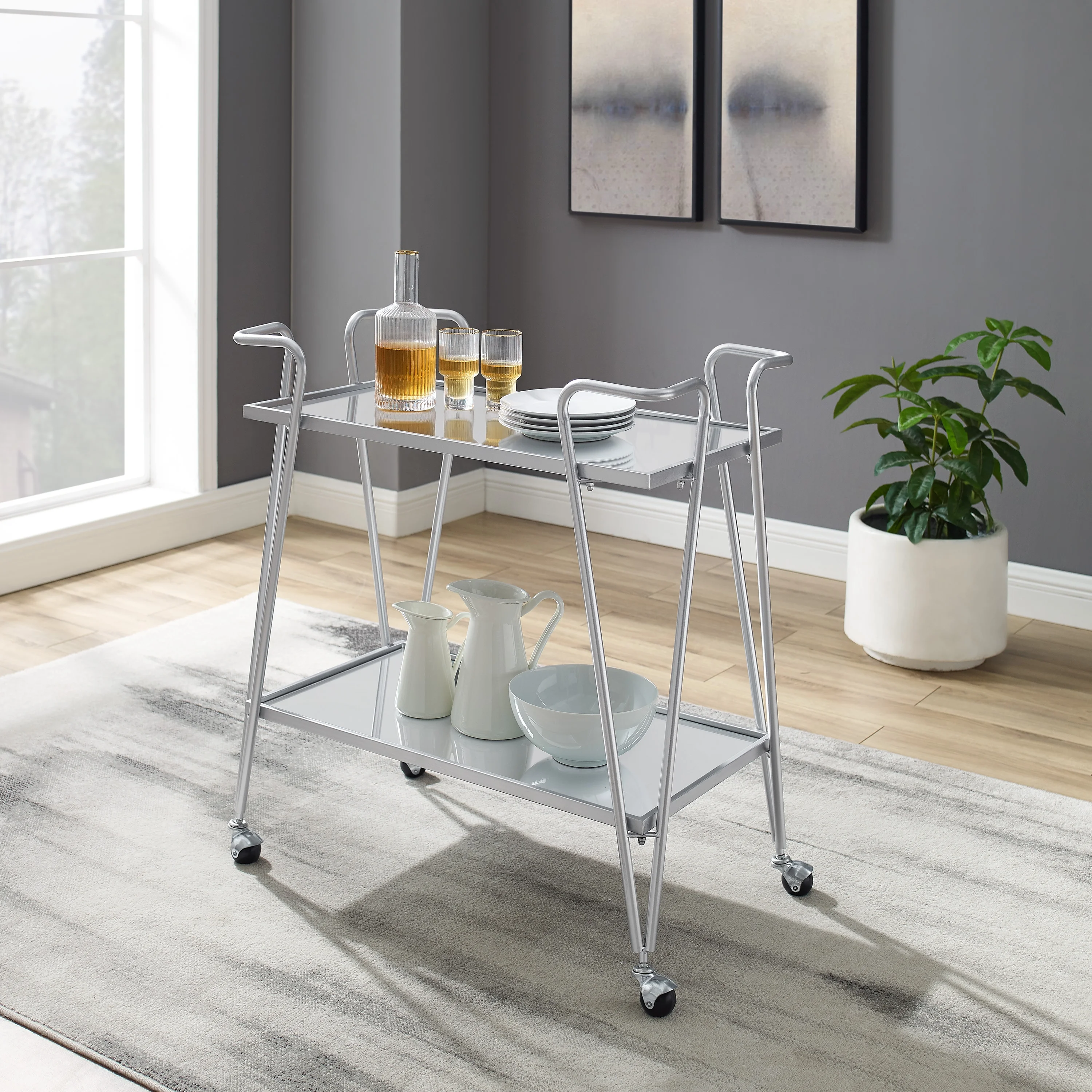 Linon 2-Tier Mobile Metal & Glass Bar Cart, 32.5
