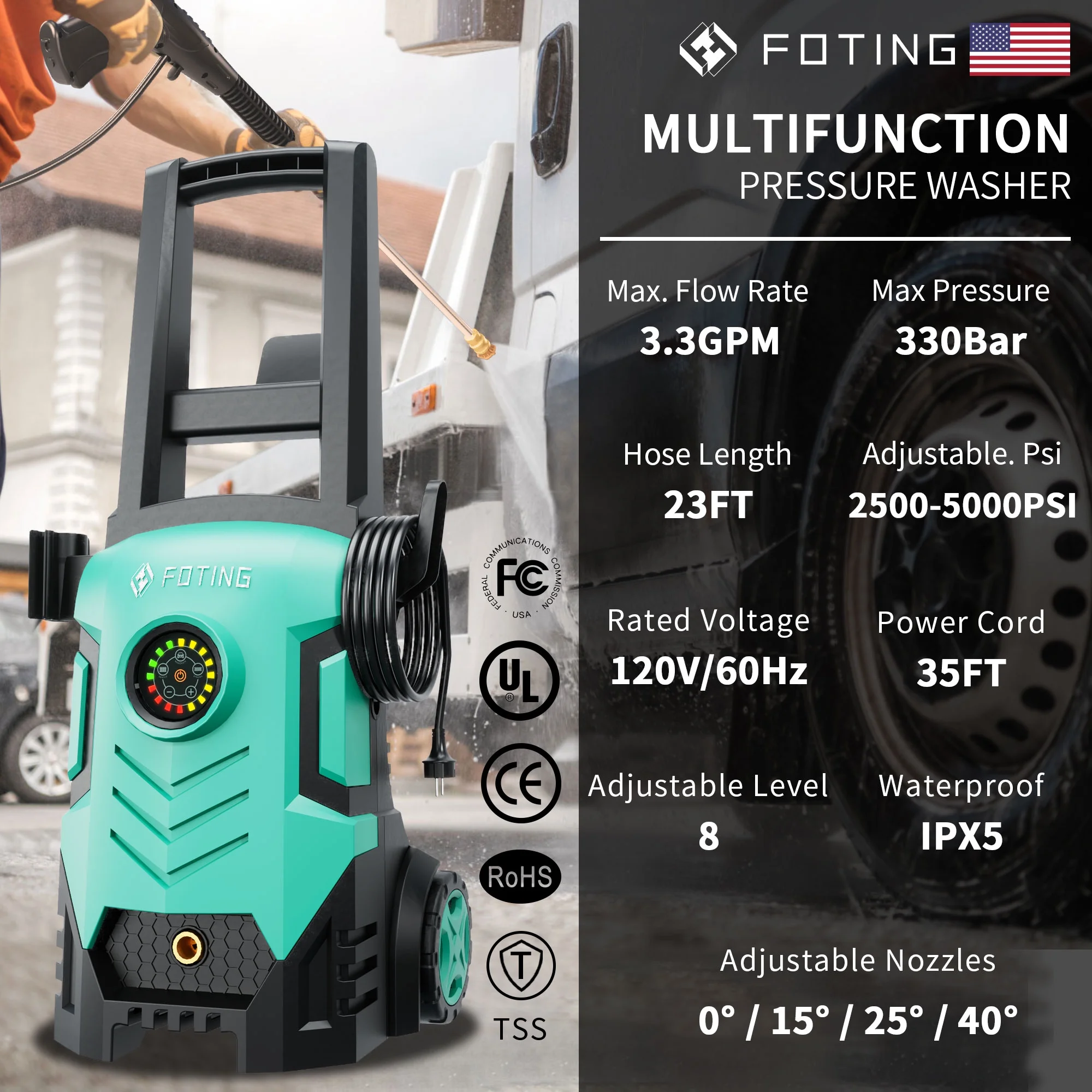 2025upgraded Electric Pressure Washer with Touch Screen, 5000PSI Max 3.3GPM��Adjustable 8 Level,4 Quick Connect Nozzles, Inlet Hose & Filter& Foam Cannon for Cars/Fences/Driveways/Home Cleaning