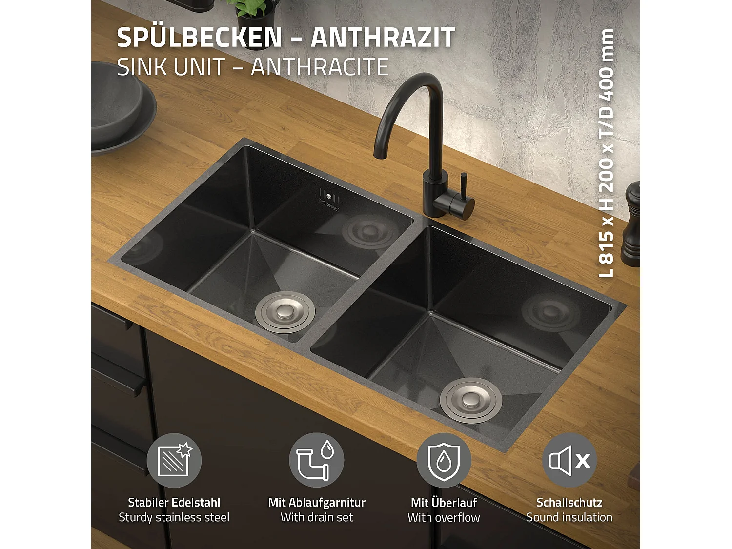 Évier double inox cuisine bac à encastrer anthracite vidage trop-plein 81,5x40cm