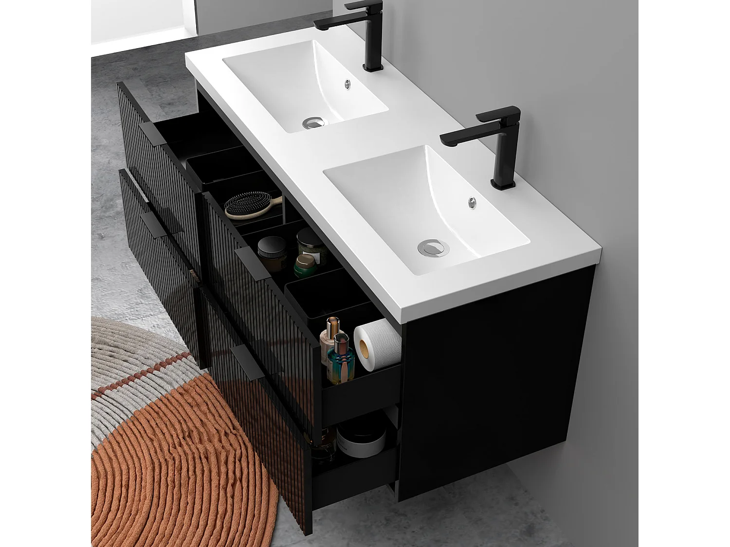 Meuble de salle de bain suspendu Strié Brillant 120cm avec simple vasque + 4 tiroirs, Noir
