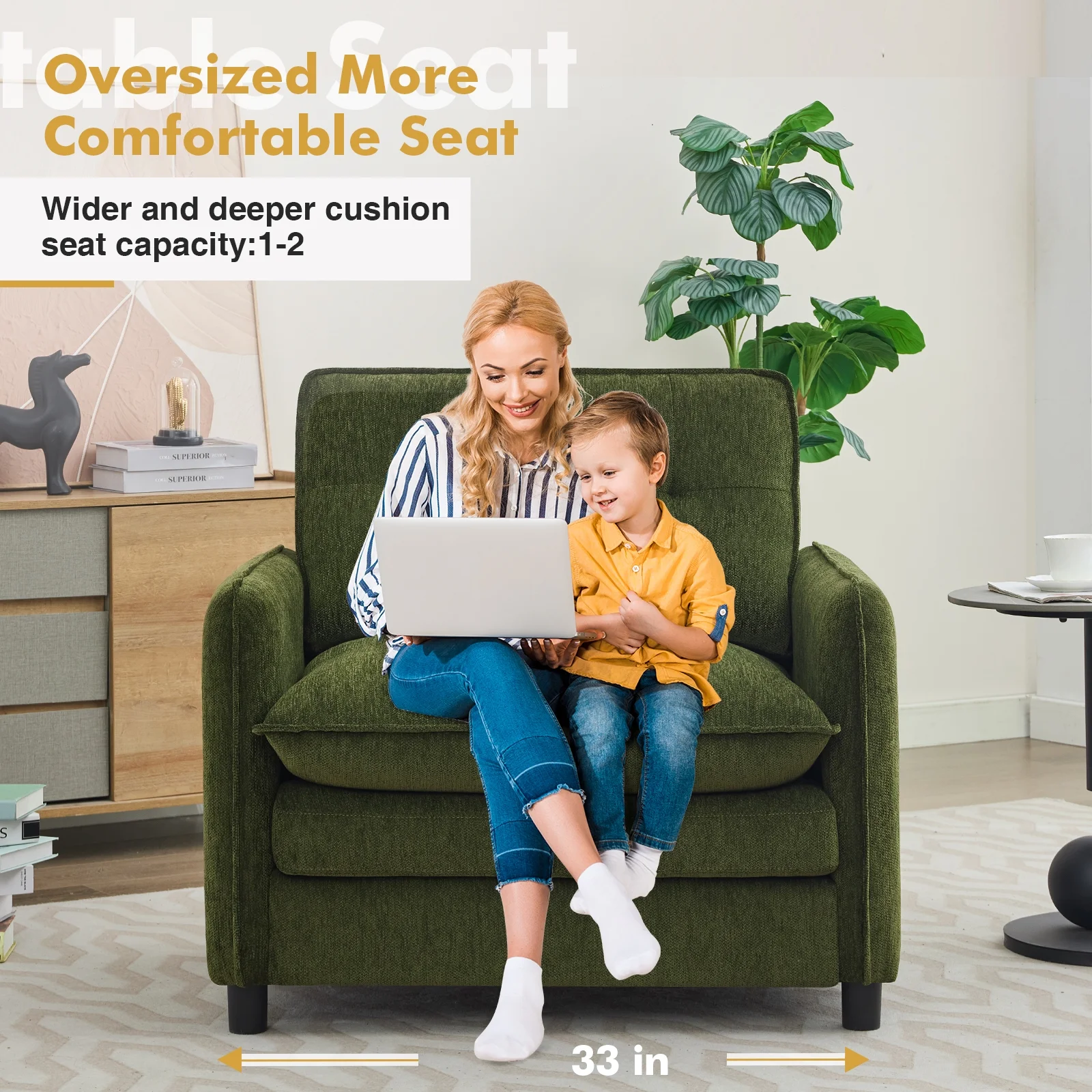 Aemeios Upholstered Chenille OversizedAccent Armchairs with Ottoman and Side Pocket, Cream - Image 15