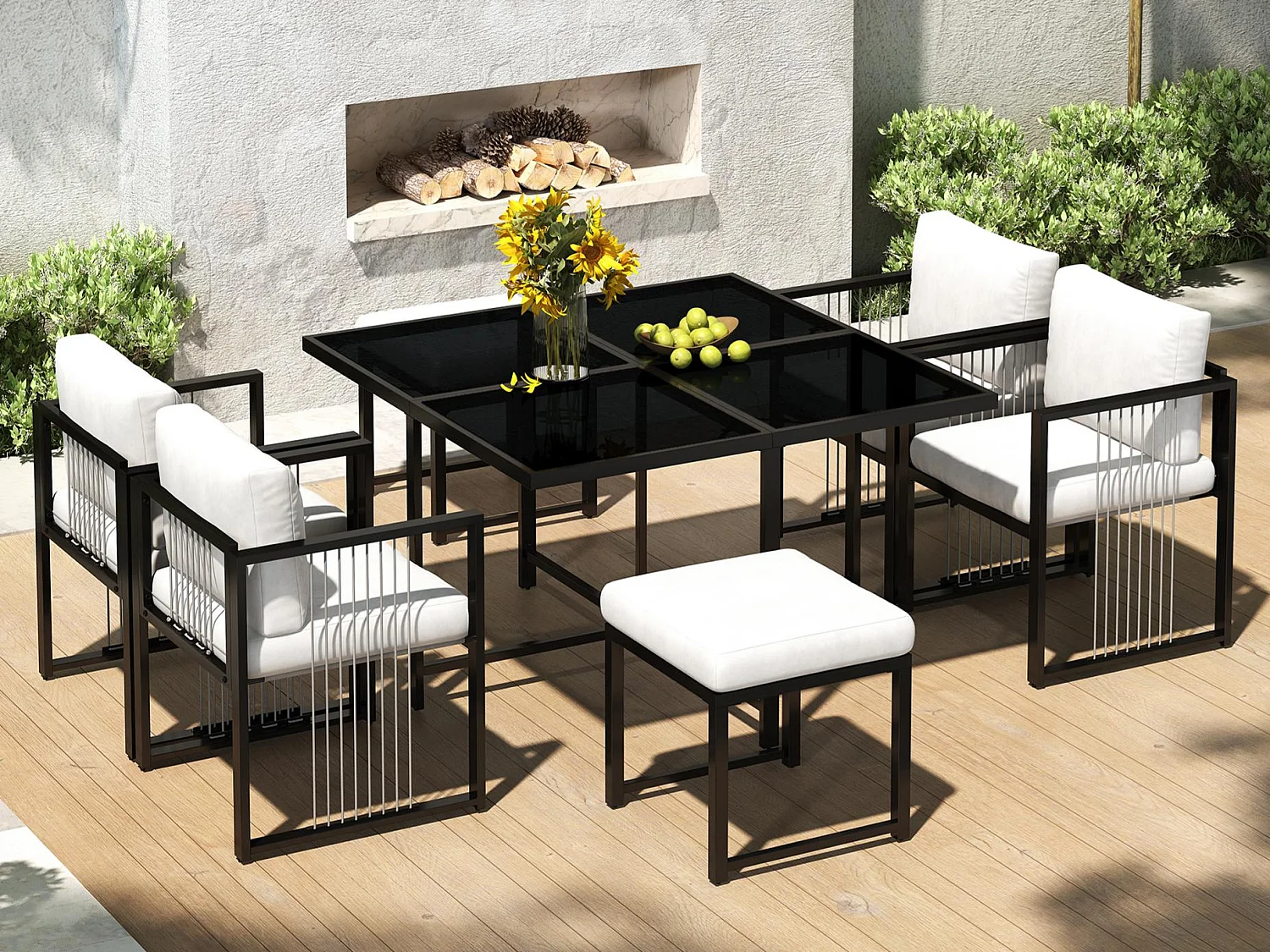Ensemble de salle à manger de jardin pour 6 personnes, table en verre trempé, structure en fer galvanisé, 4 chaises, 2 tabourets, 1 table, Noir