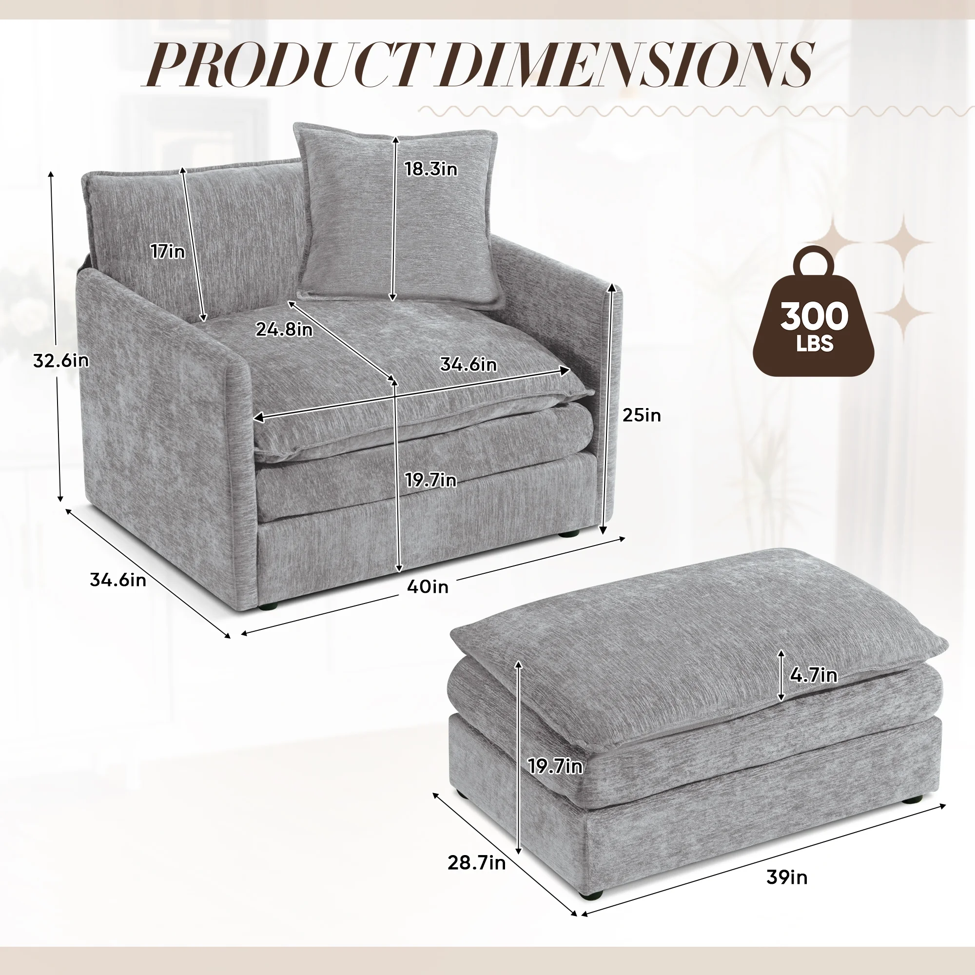 Muumblus Oversized Lounge Chair with Ottoman, Cloud Accent Armchair for Living Room, Beige Chenille - Image 53