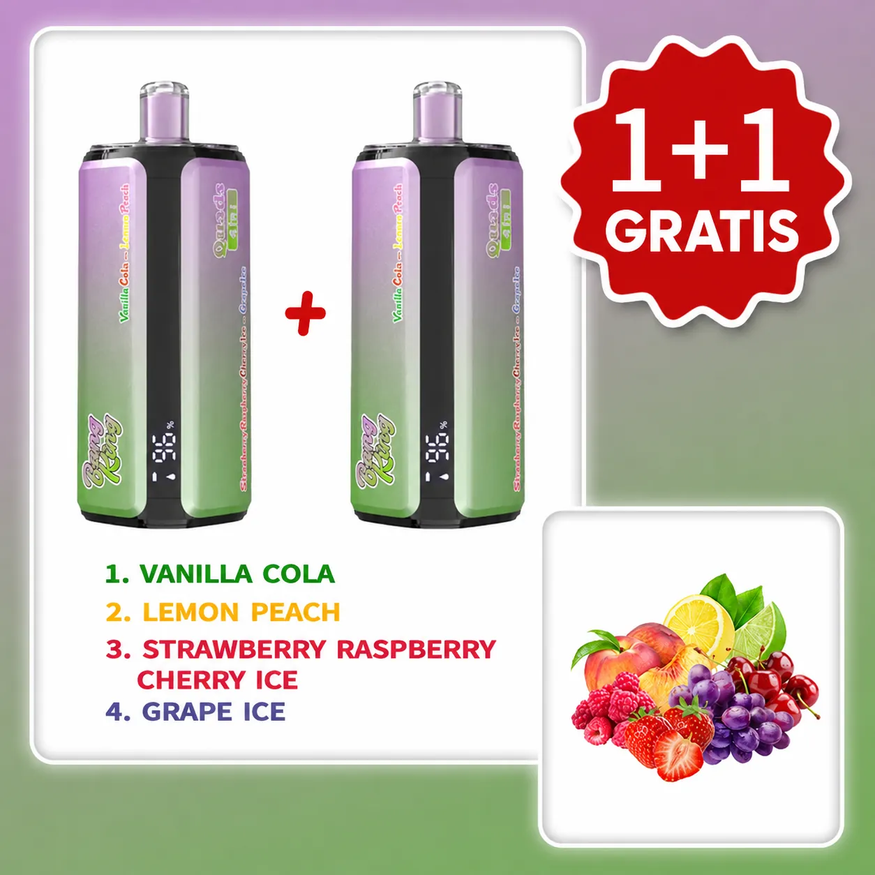 VAPSOLO BANG KING 250 000 puffów Quads 4in1 – 4 smaki; 15 ml × 4, 650 mAh, Type-C | 1+1 gratis