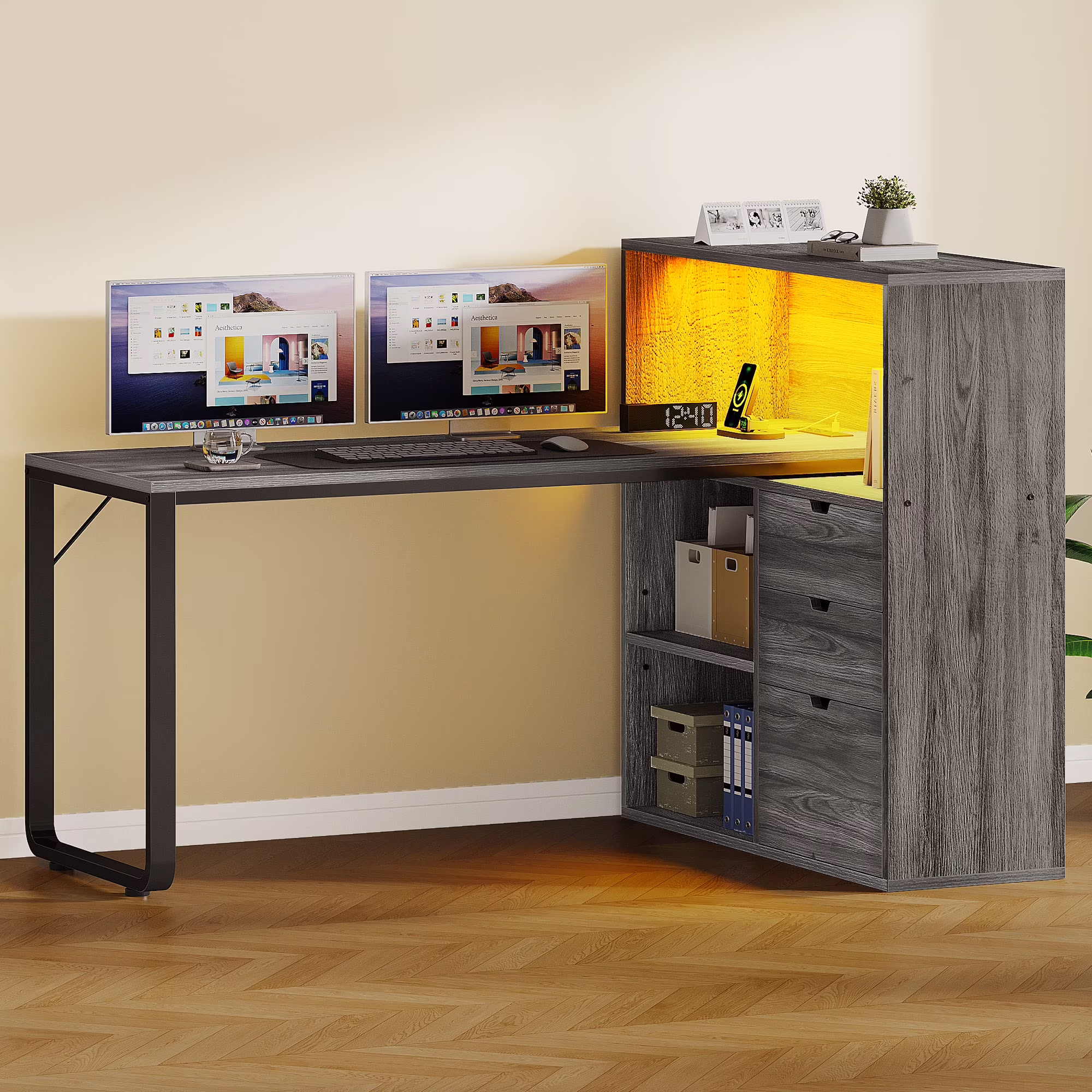 Dextrus L Shaped Desk with Power Outlets & LED Lights, Computer Desk with 3 Drawers and 3 Storage Shelves, White Office Desk Corner Desk for Home Office - Image 3