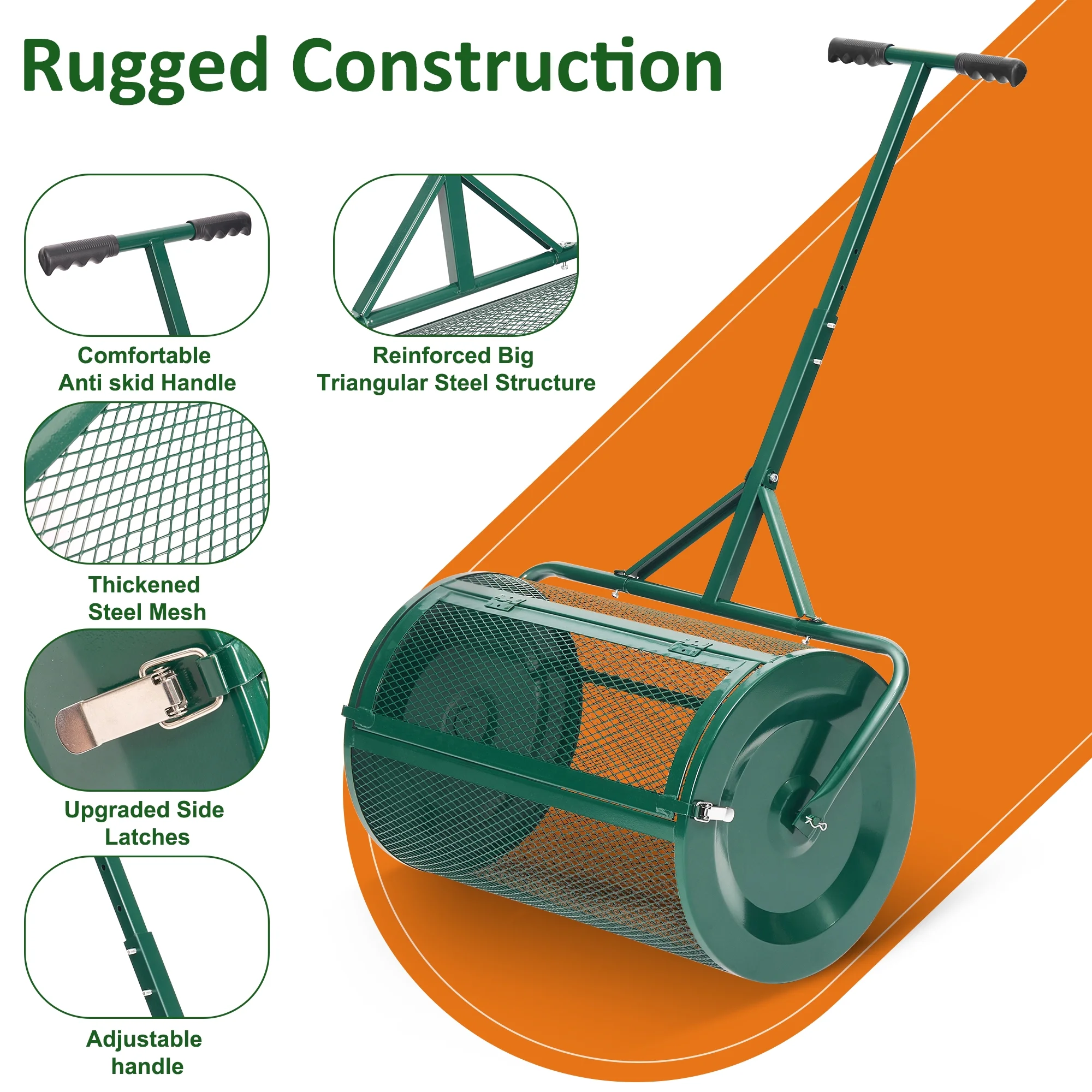 MUCHANT 24" Compost Spreader, Heavy-Duty Metal Mesh Spreader with Adjustable Handle for Lawn, Green - Image 2