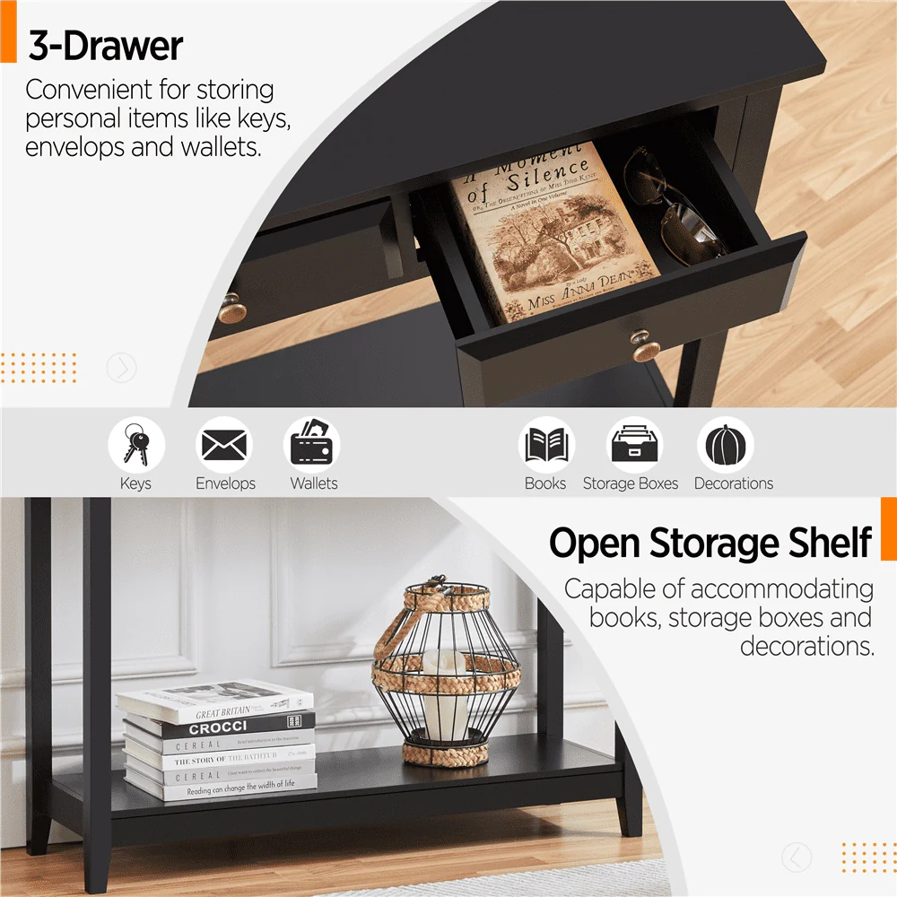 Topeakmart 3-Drawer Wooden Console Table Entryway Table with Storage Shelf Pine Wood Legs, Black - Image 13