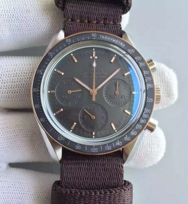 Replica Omega Speedmaster Moonwatch Apollo 11 45th anniversary Limited Brown Dial Nylon Strap - Elite Watch Atelier