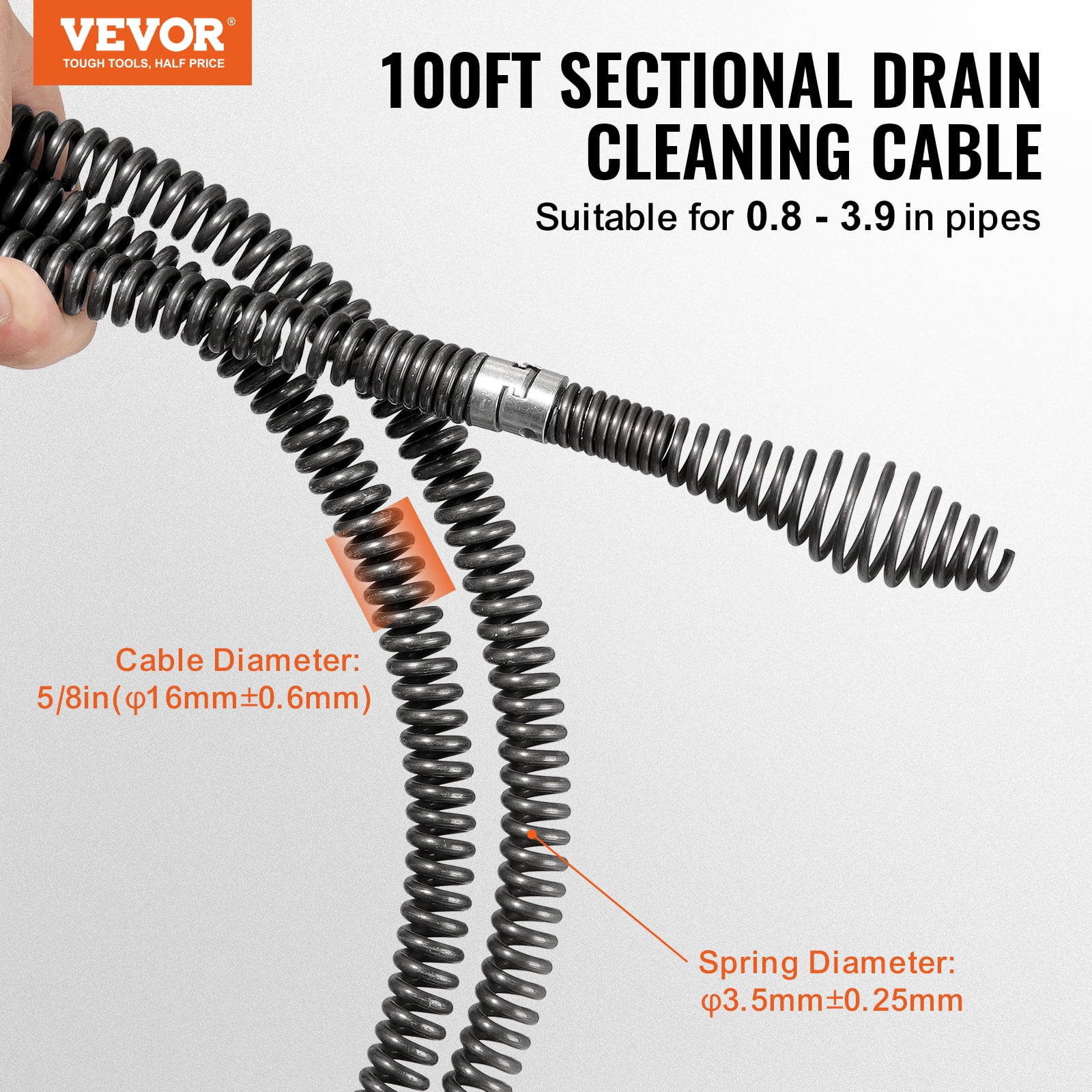 VEVOR Drain Cleaning Cable 100 FT x 5/8 Inch, Professional Sectional Drain Cleaner Cable with 7 Cutters for 0.8