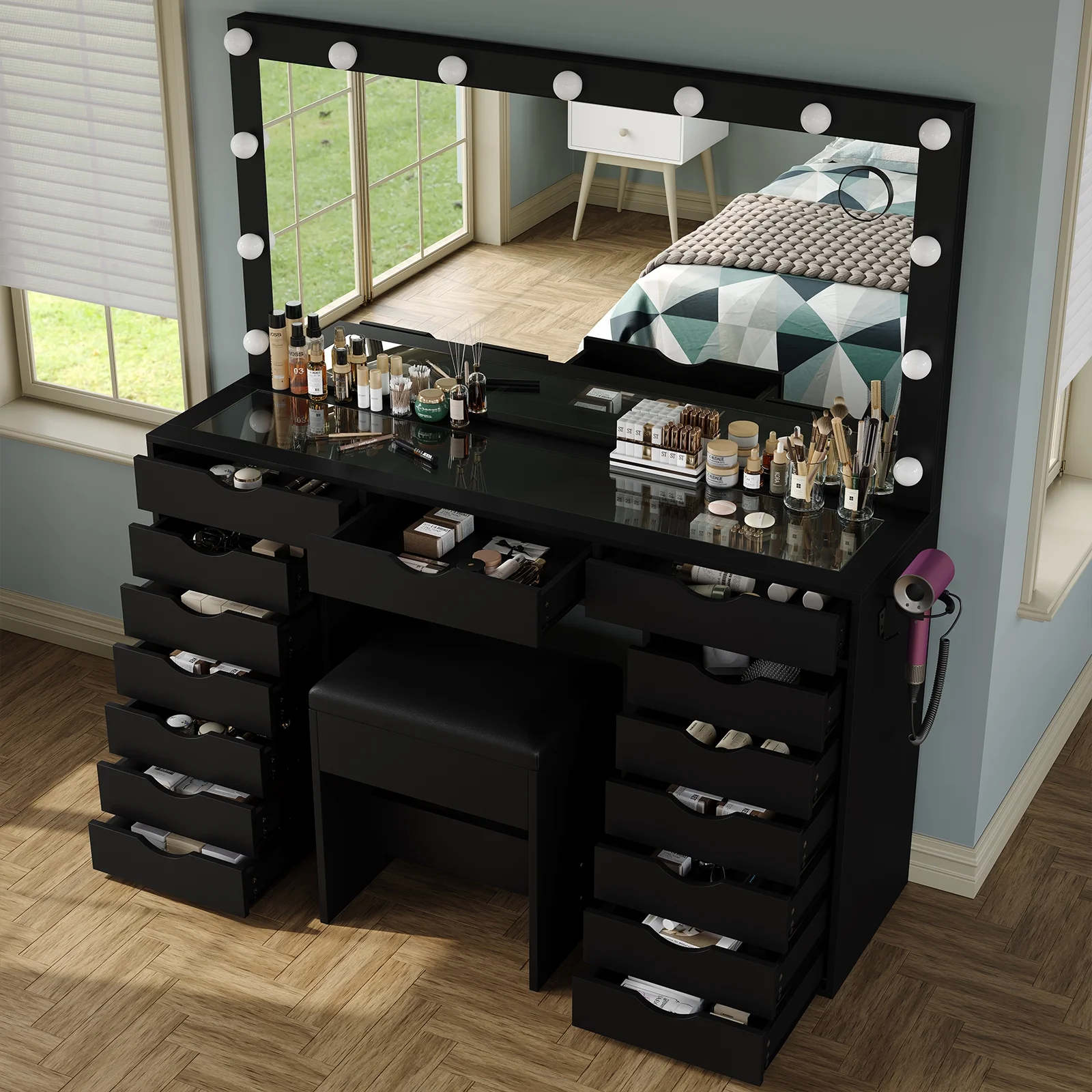 Yanosaku 15 Drawers Vanity Desk with Power Outlet, Makeup Table with Mirror and 13 LED Lights, 3 Color Lighting Modes, Brightness Adjustable, Glass Top Dressing Table, Vanity Set for Bedroom - Image 20