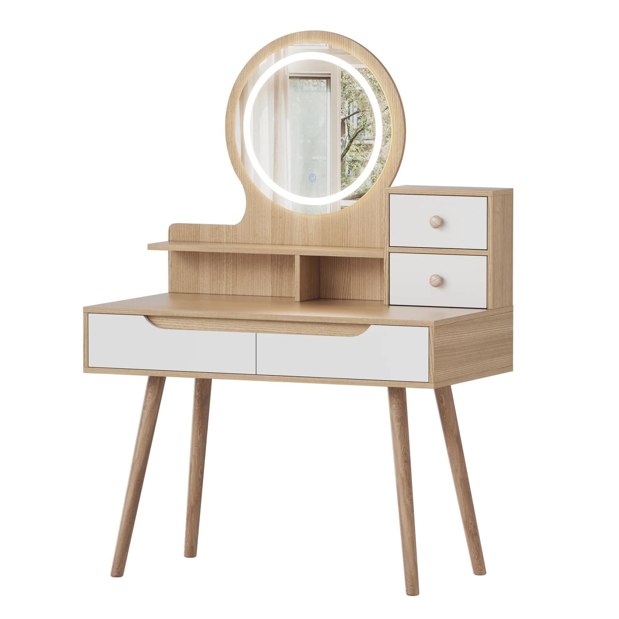 Montary Modern Mini Vanity w/Adjustable LED Mirror + Hidden Storage, Padded Stool & Dustproof Shelves (White) - Image 139