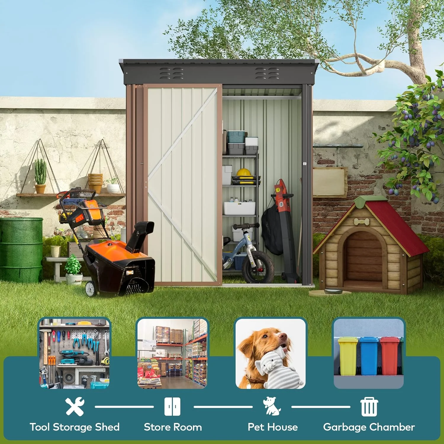 5'x3' Outdoor Storage Shed, Lofka Metal Storage Tool Shed with Single Lockable Door, for Bike| Garden Tools| Patio, Grey - Image 20