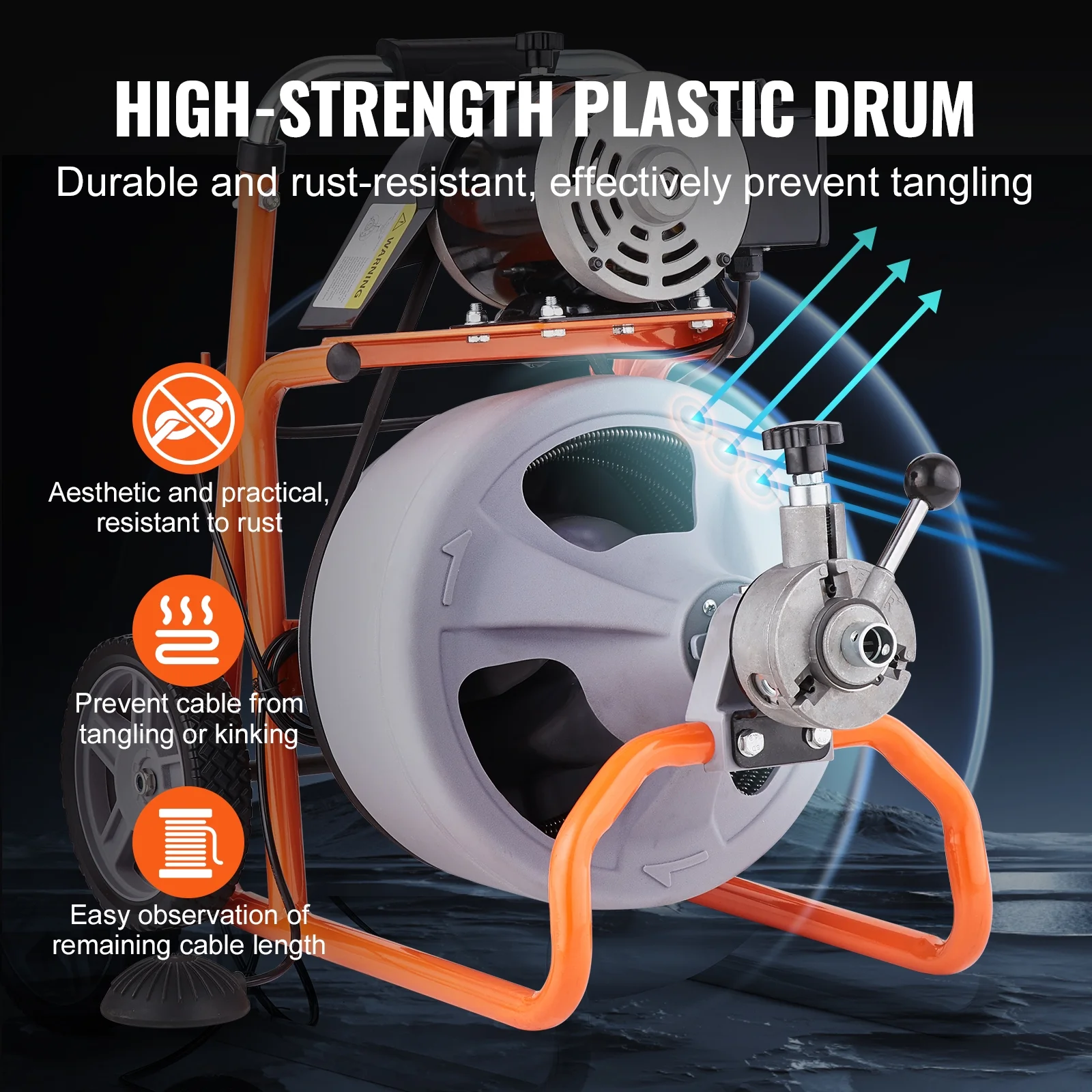 VEVOR Drain Cleaner Machine 100FT x 3/8 Inch, Auto Feed Sewer Snake Drain Auger on Wheels, Portable Drain Cleaning Machine with 8 Cutters & Air-activated Foot Switch for 2