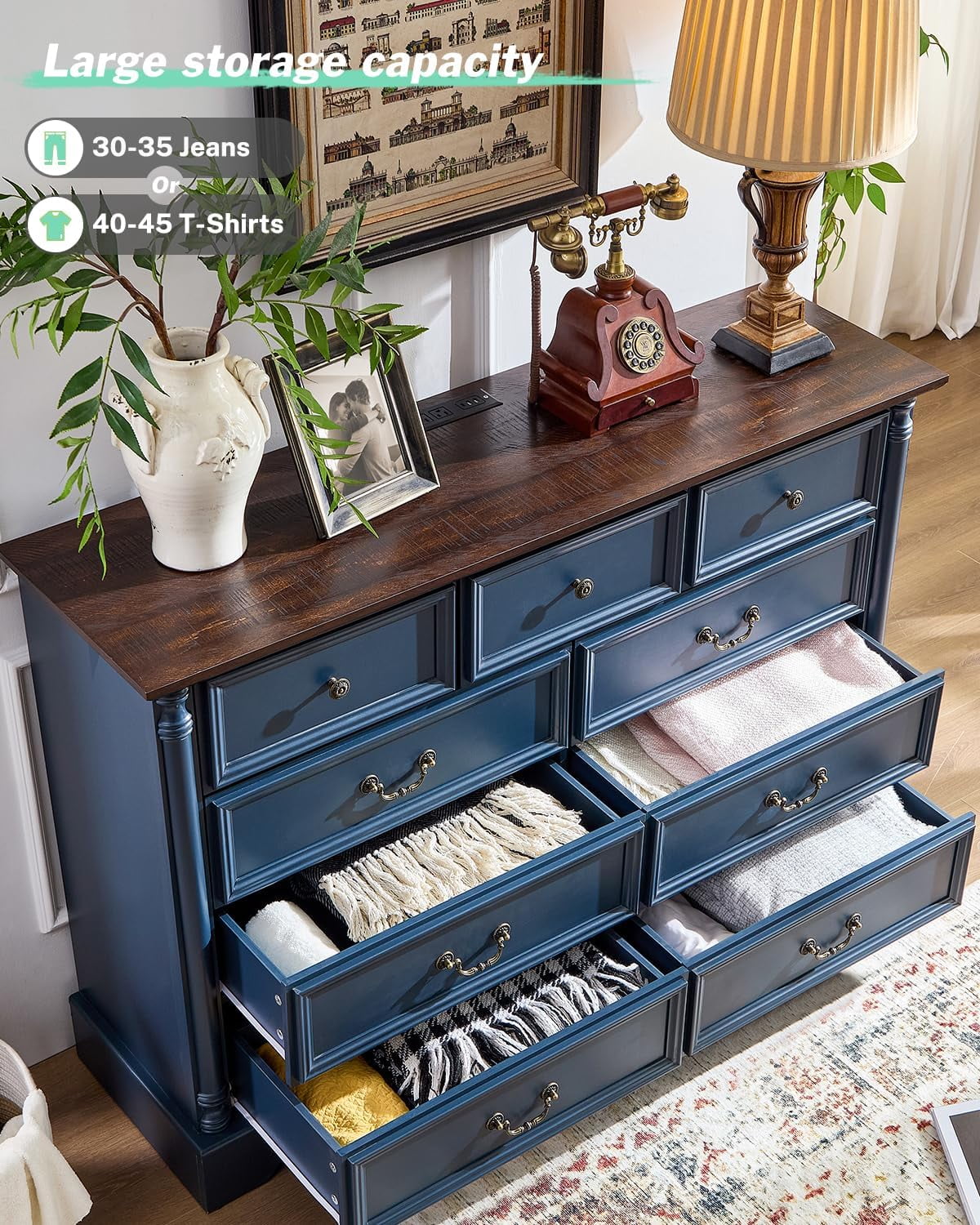 ZBOM 9 Drawer Dresser, 54 Inch Wide Farmhouse Style Chest of Drawers with Charging Station, Distressed Finish Design, Modern Storage Dresser Organizer TV Stand for Bedroom, Living Room - Image 8