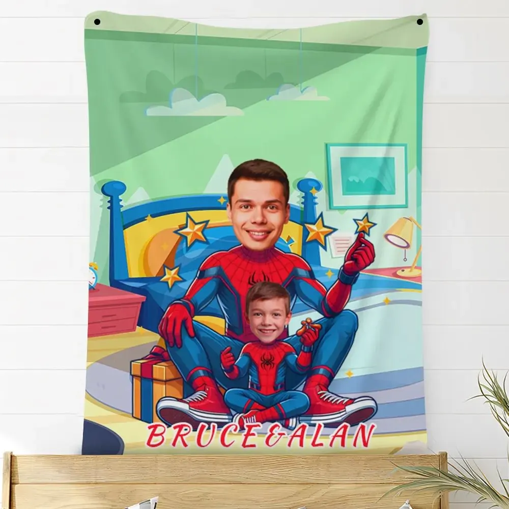 Custom superhero tapestry wall hanging with personalized face design
