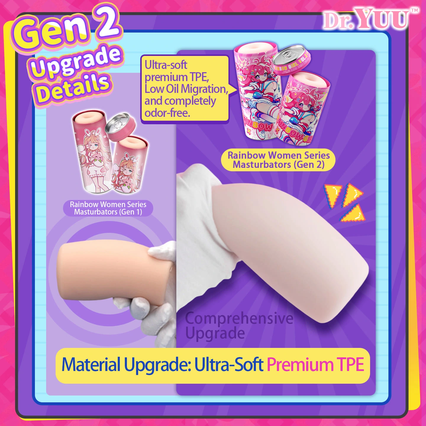 Soft and dry modified TPE material of Dr.YUU Rainbow Women 2.0 onahole.