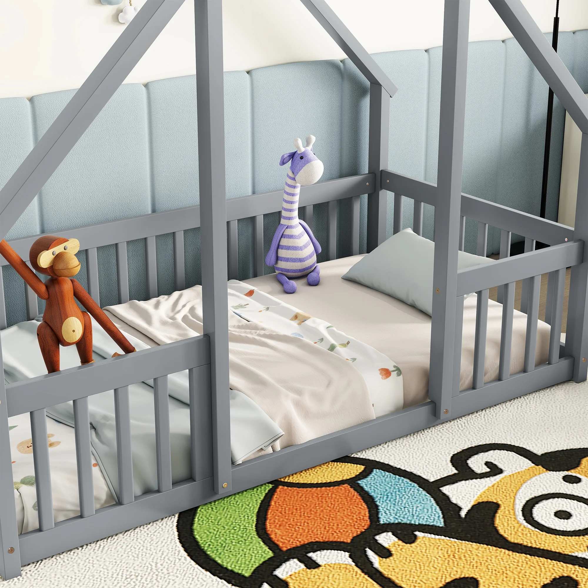 Bellemave Twin Size Floor Bed Frame, Wooden House Bed Twin Size with Fence, Montessori Bed with Guardrails for Bedroom (White) - Image 31