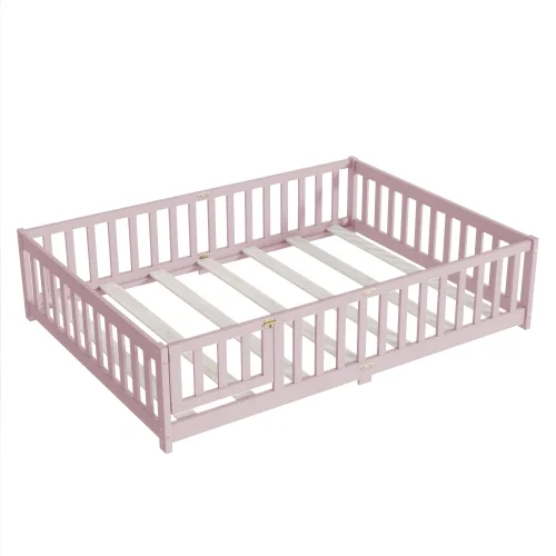 Bellemave Full Size Floor Bed with Door and Fence Floor Bed with Bed Slats Sturdy Wood Floor Bed Montessori Bed Frame (Full, Pink) - Image 10