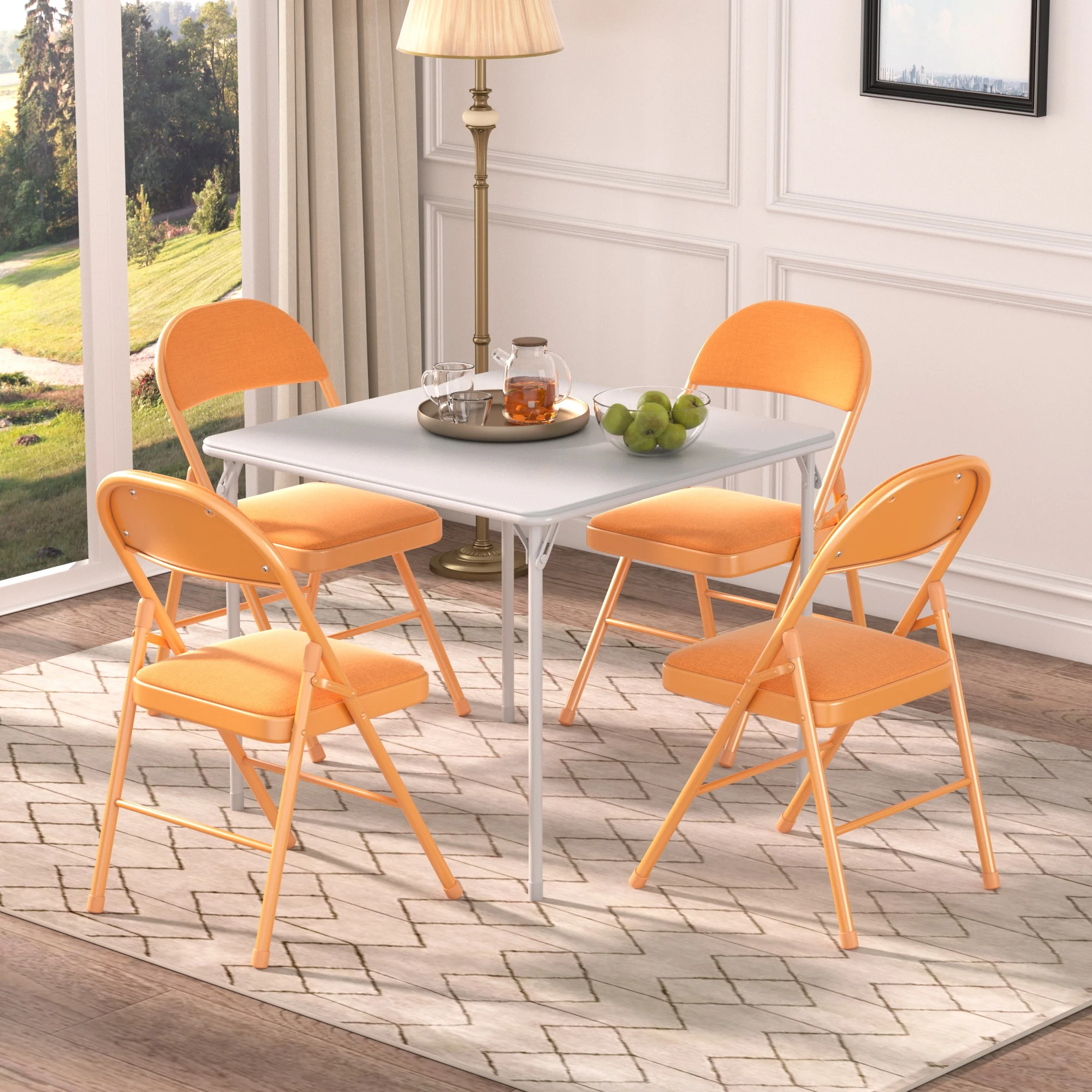 VECELO Set of 4 Folding Chairs, Fabric Dining Chair Set with Padded Cushion and Back, Indoor Outdoor Upholstered Seat with Metal Frame for Home Office Events Wedding Party, Orange