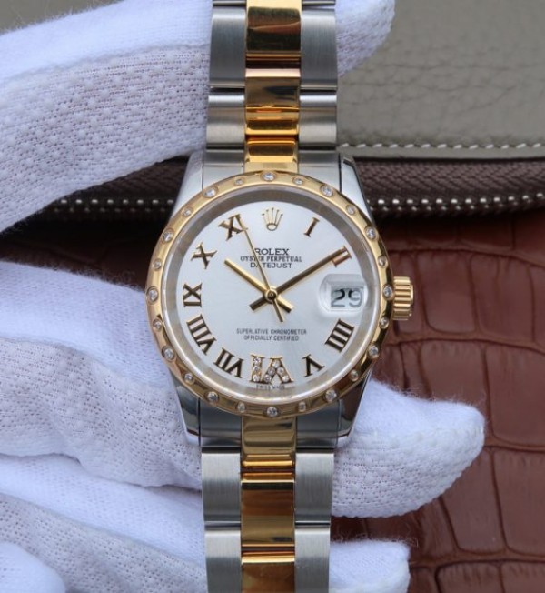 Replica Rolex DateJust 31mm Diamonds Bezel Roman Markers White Dial Bracelet A2235 - Elite Watch Atelier