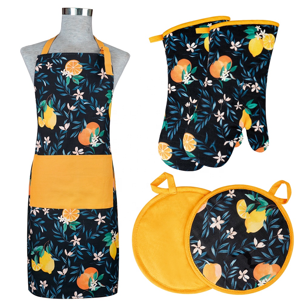 Sublimation Printed Kitchen Apron Set with Custom Logo Oven Mitt Tea Towel & Pot Holder
