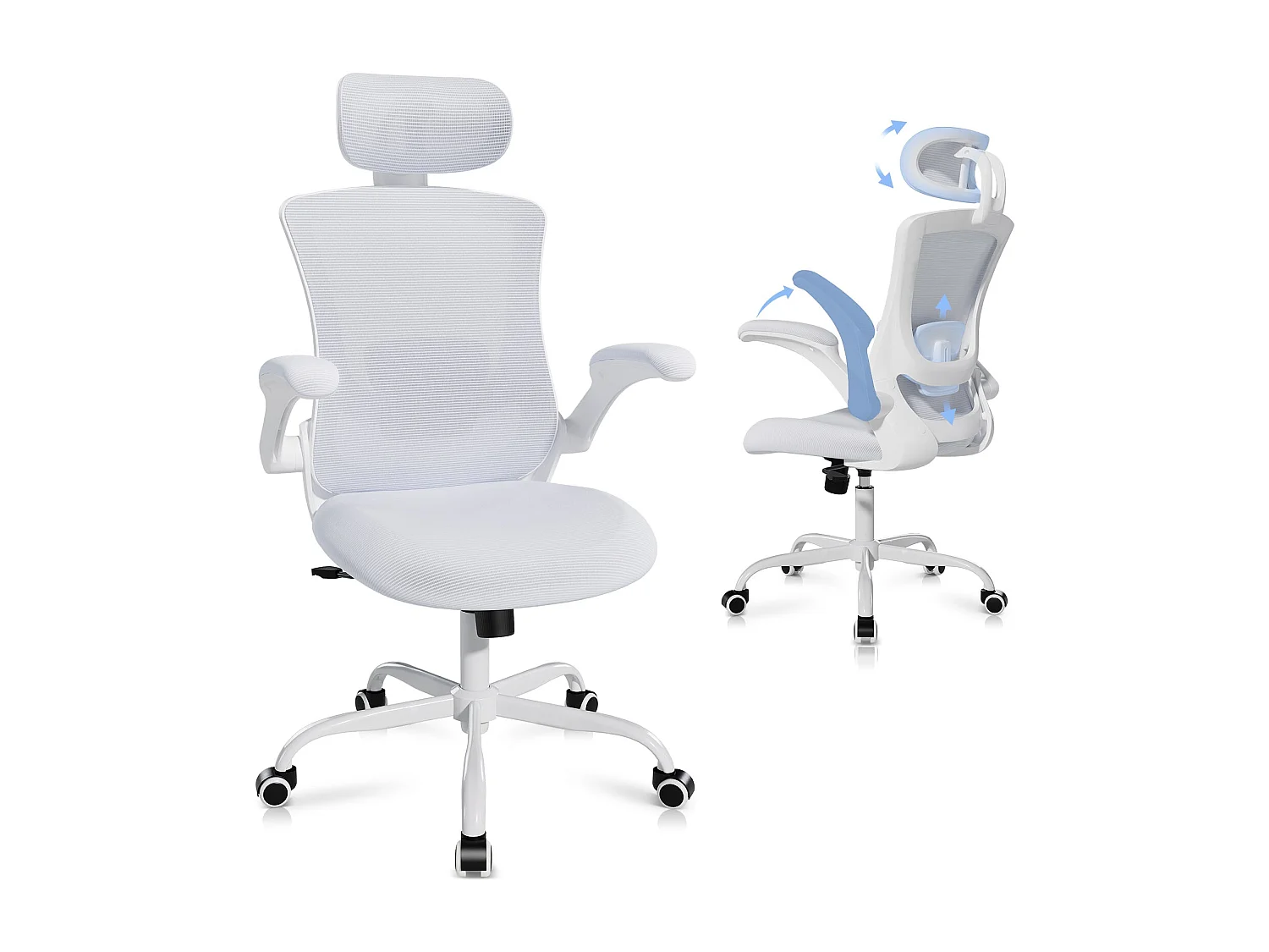Chaise de bureau ergonomique – Dossier haut en mesh, soutien lombaire et appuie-tête réglables, accoudoirs relevables – Blanc