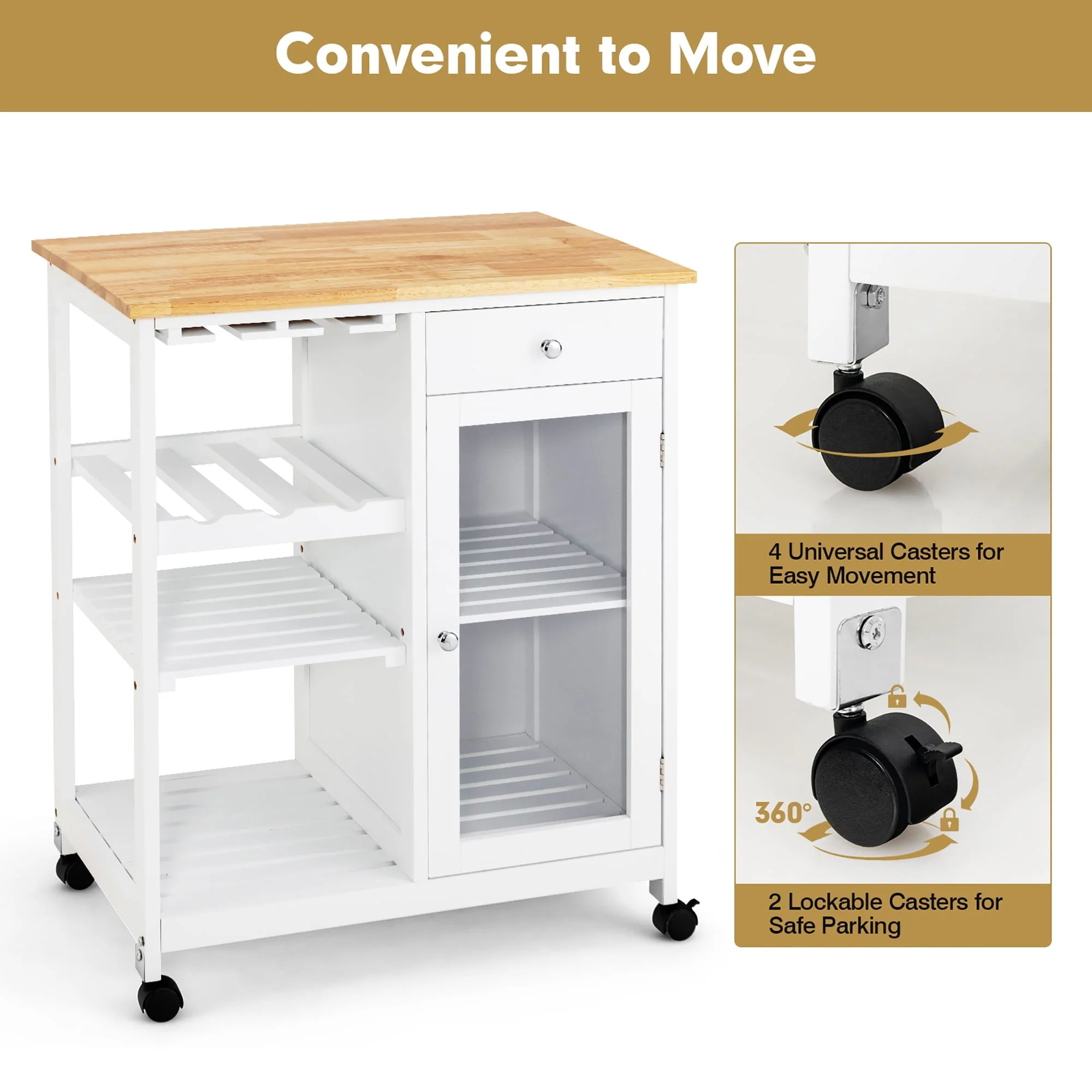 Costway Rolling Kitchen Island Wood Top Trolley Cart Storage Cabinet w/Shelf & Wine Rack - Image 8
