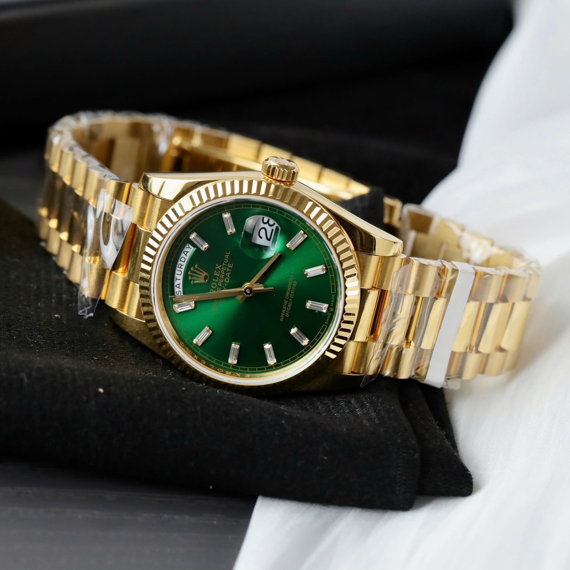 Rolex Day-Date Dial Green Copies Watch Weight 160gram Custom Gold Wrapped 36mm - Elite Watch Atelier