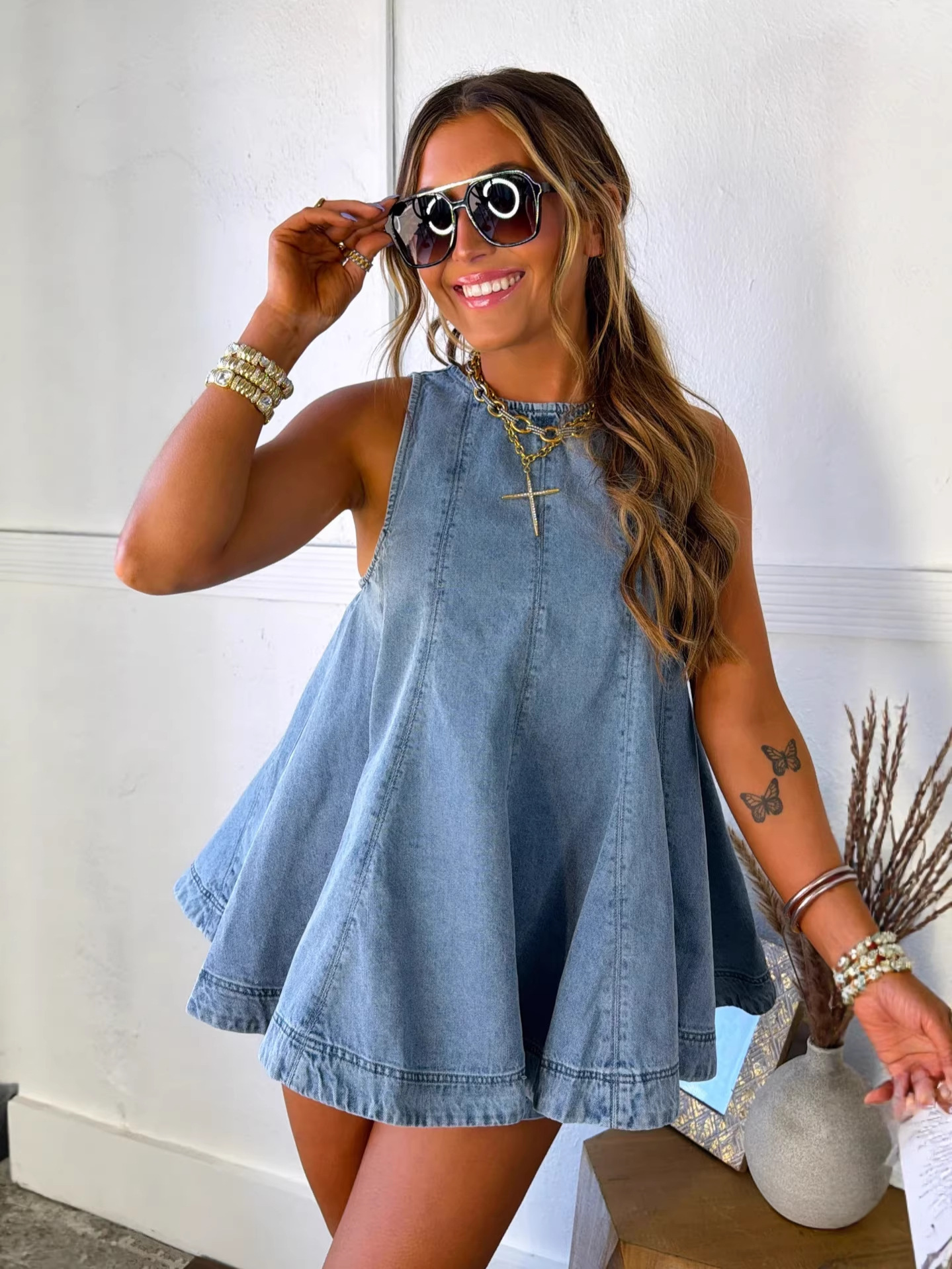 Cross-border 2026 Summer European and American Foreign Trade Women's Fashion Casual Loose Sleeveless Denim Shorts Set 015