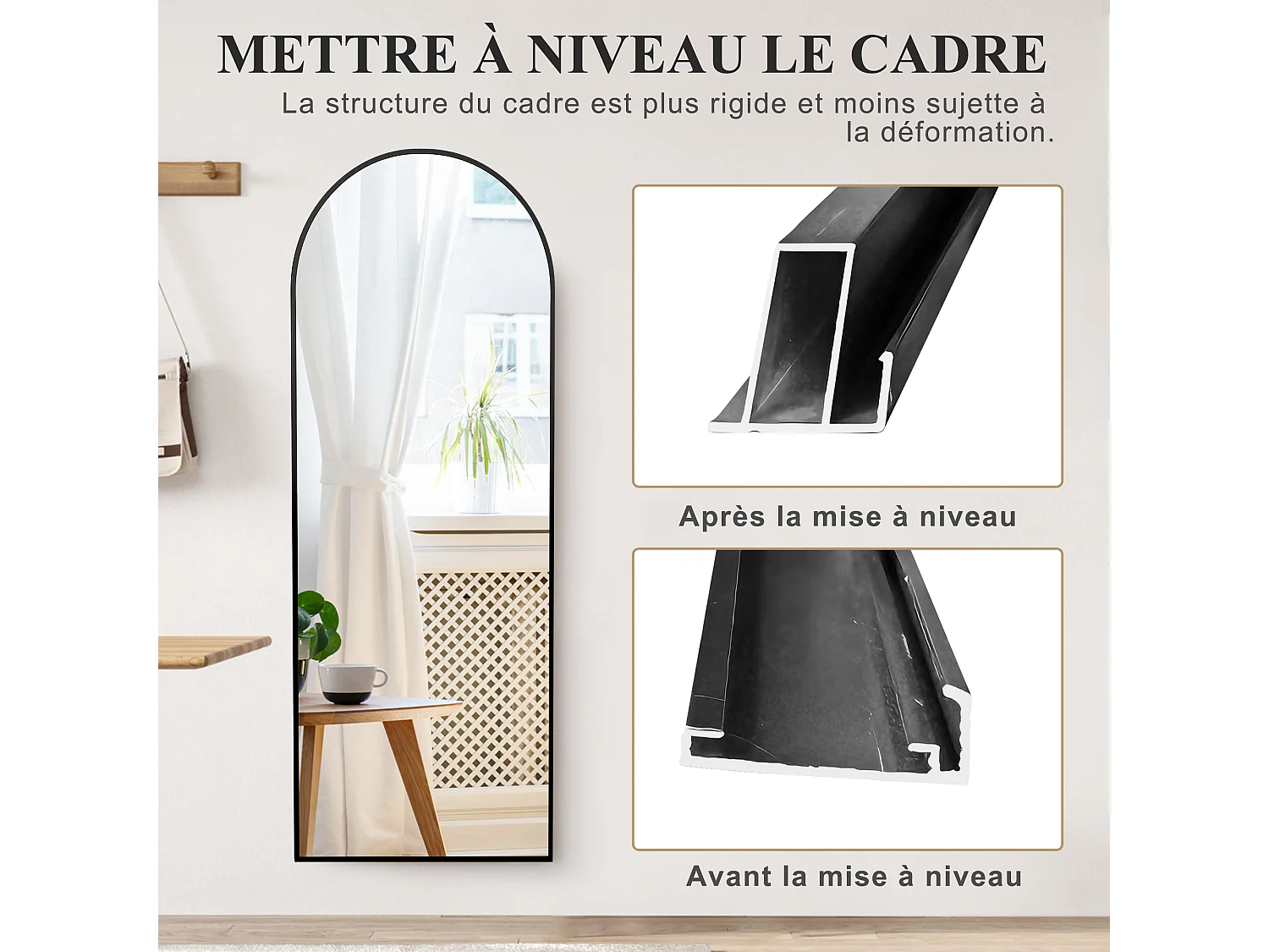 Miroir sur pied incurvé 164 x 54 cm - cadre en alliage d'aluminium - verre trempé - grand format - noir