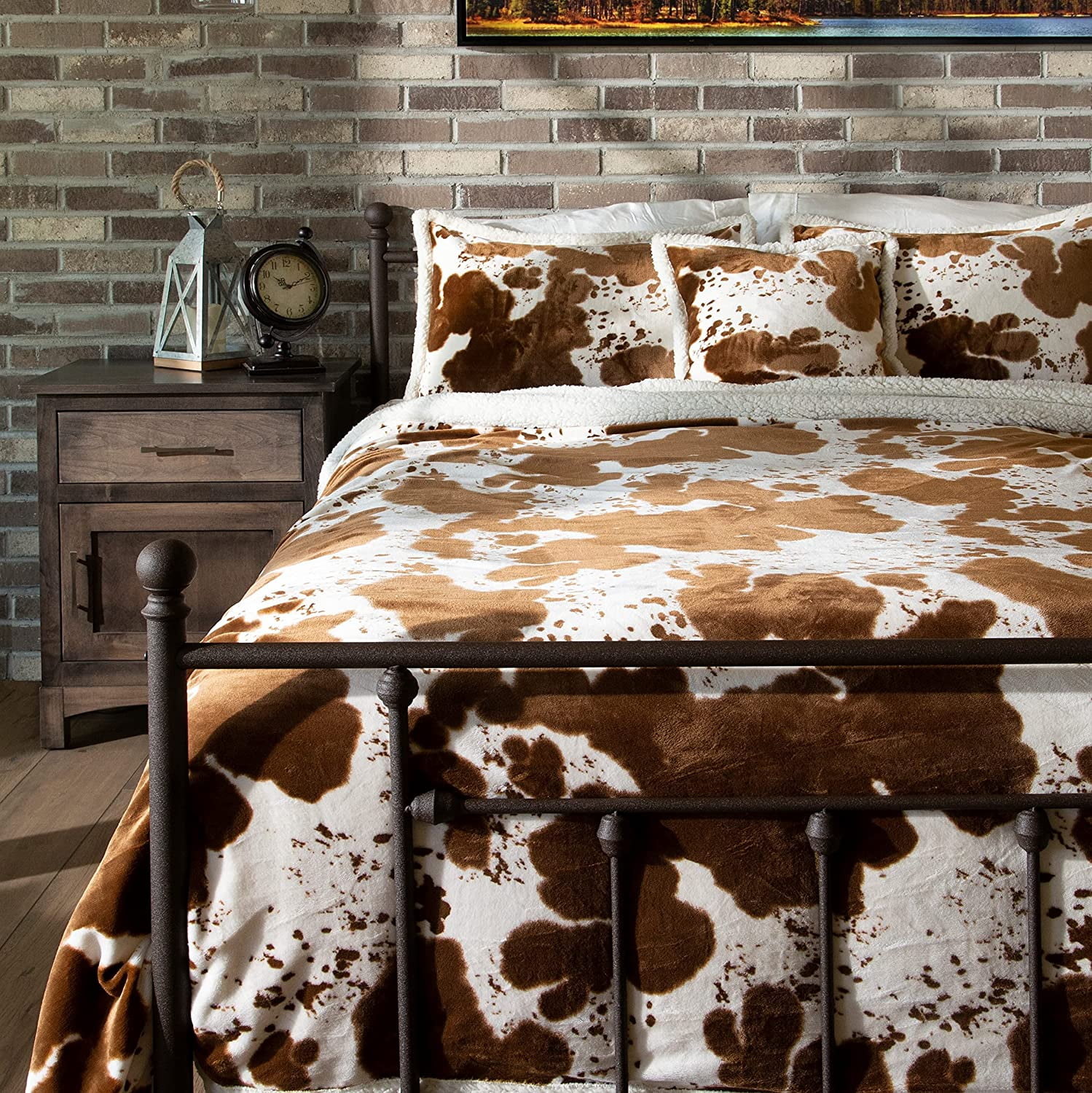 Linen Mart Cowhide Sherpa Plush Lodge Fleece Blanket - 2 Piece Set (Twin)