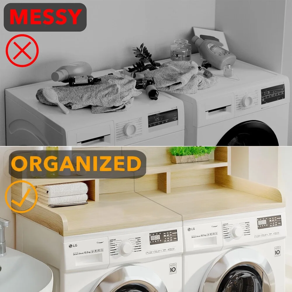 Modern Washer Dryer Countertop with 2-Tier Shelf,Laundry Room Countertop Organization Storage with 2.75" H Guard Edge Rails,Non-Slip Pad,Waterproof and Easy to Clean,54"W x 27.55"D,Natural Wood - Image 29