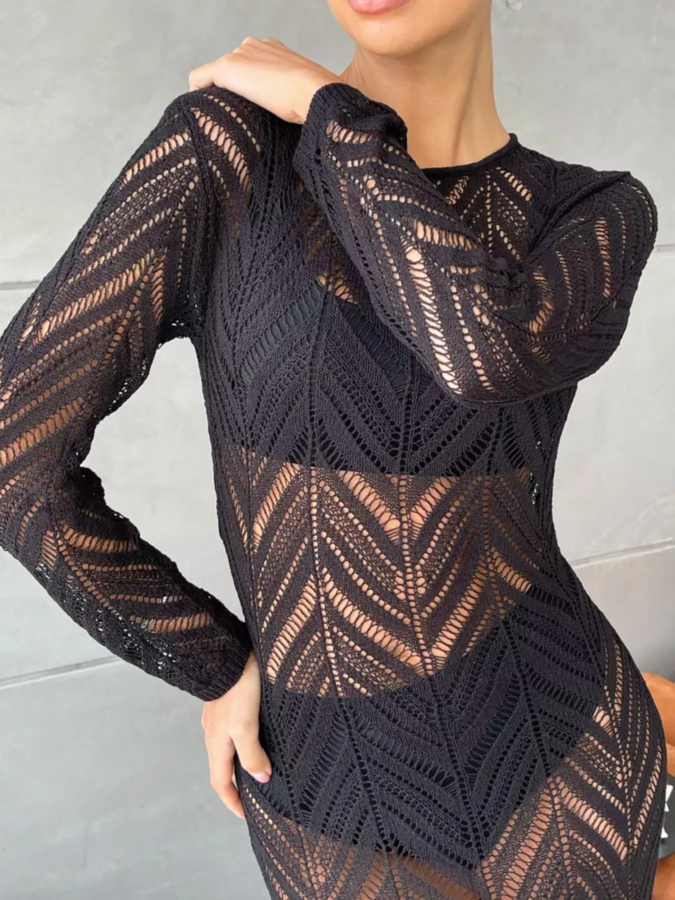 Openwork Long Sleeve Knit Cover Up Dress - ZKZOOK