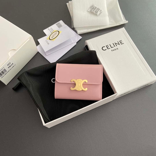 Celine TRIOMPHE shiny leather short wallet pink
