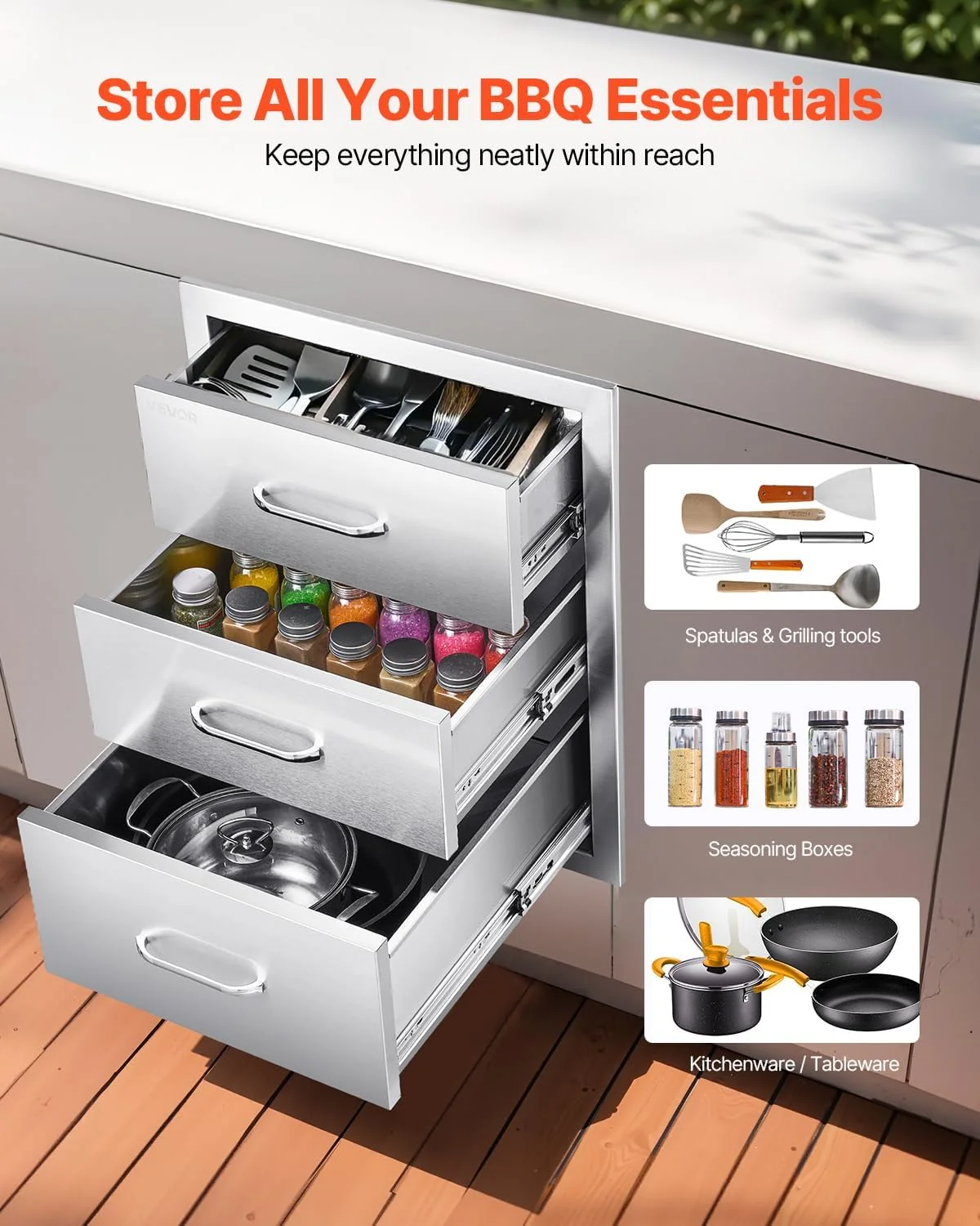 VEVOR Outdoor Kitchen Drawer Cabinet, Stainless Steel, 18.11 inch W x 23.23 inch D x 23.23 inch H, 3 Drawers - Image 4 VEVOR Outdoor Kitchen Drawer Cabinet, Stainless Steel, 18.11 inch W x 23.23 inch D x 23.23 inch H, 3 Drawers - Image 4