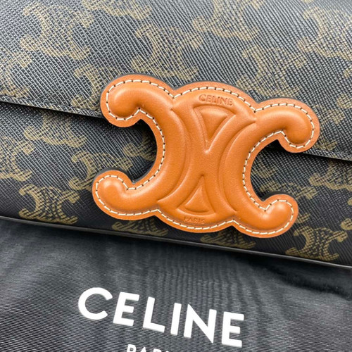CELINE TRIOMPHE Logo Printed Cow Leather Chain Shoulder Bag Old Flower