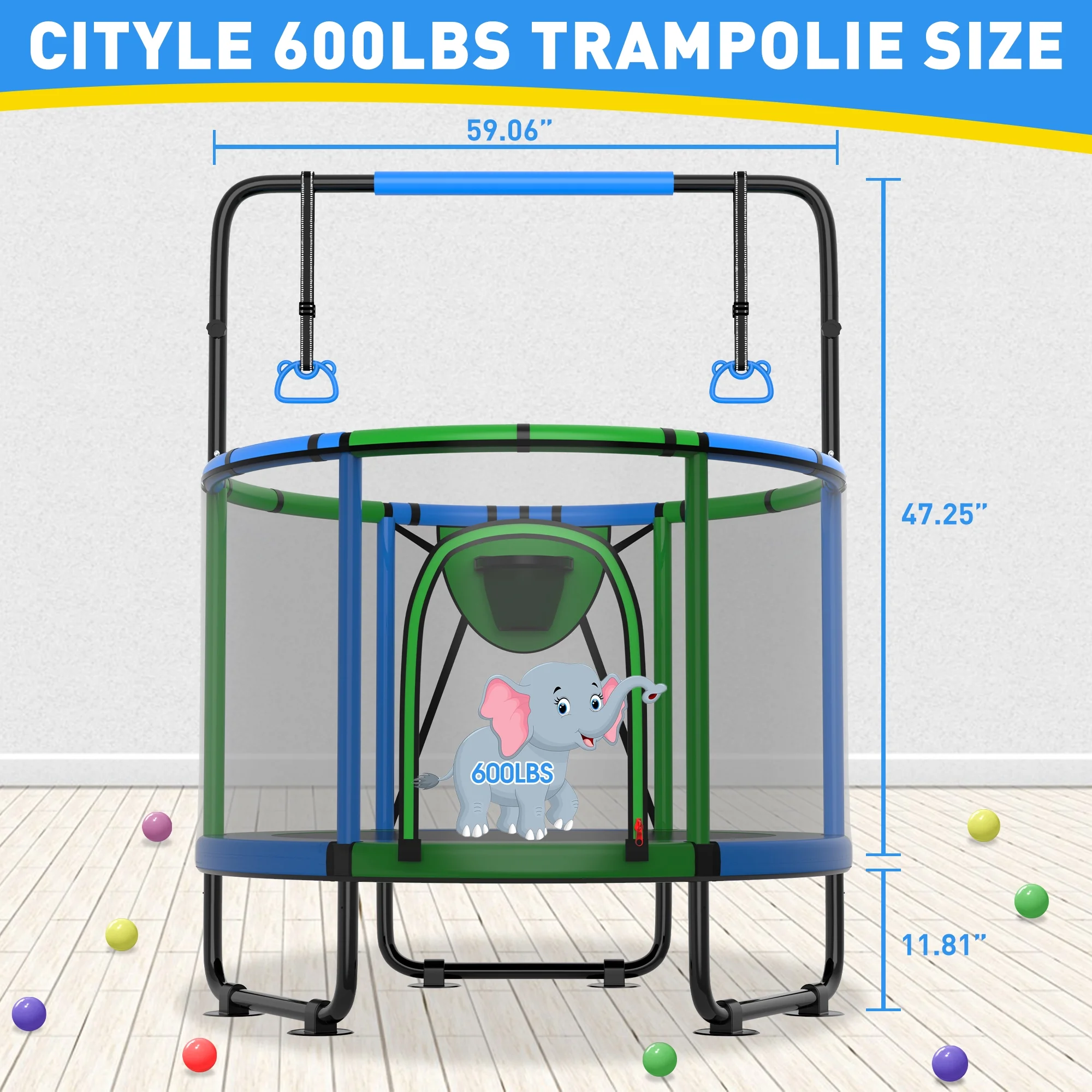 CITYLE Trampoline for Kids 600LBS 60'' 5FT Toddler Trampoline Indoor Outdoor with Basketball Hoop, Swing, Adjustable Bar, Mini Small Trampoline with Enclosure, Gifts for Toddlers, Boys & Girls - Image 2