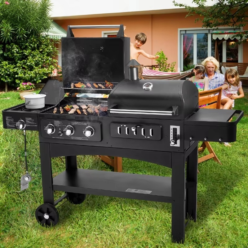 Black Gas & Charcoal Combo Grill, Deluxe, Heavy Duty BBQ, Outdoor Cooking, Backyard BBQ