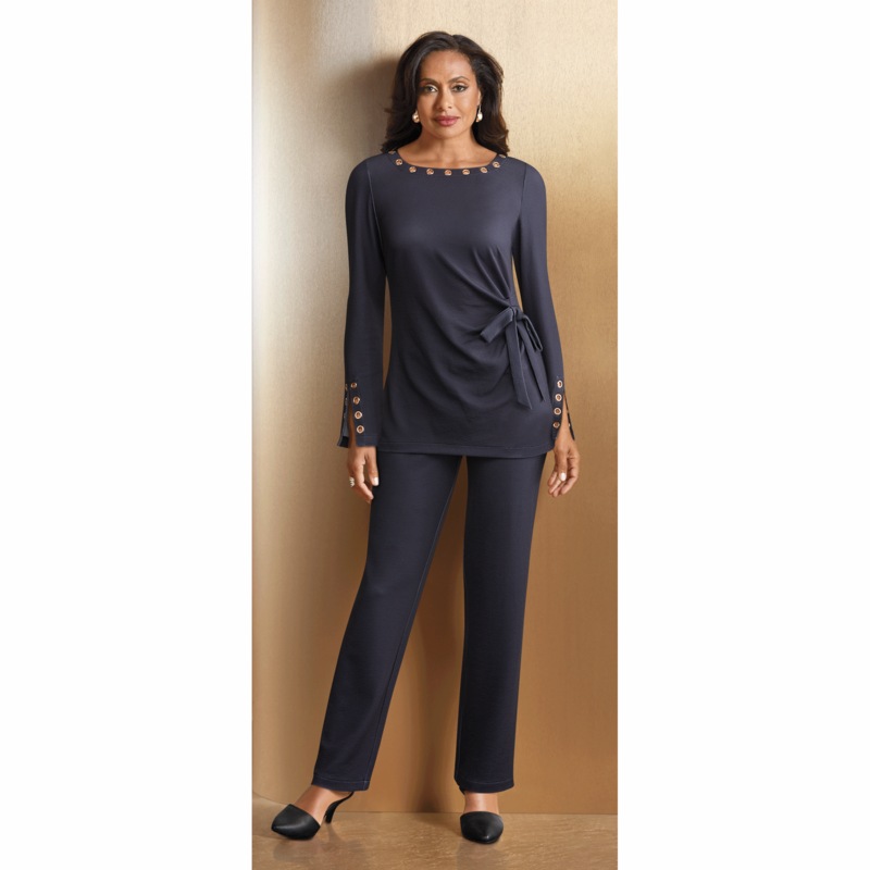 Malarie Matching 2-Piece Women's Pant Set with Grommets and Waist Tie - MIDNIGHT VELVET CATALOG