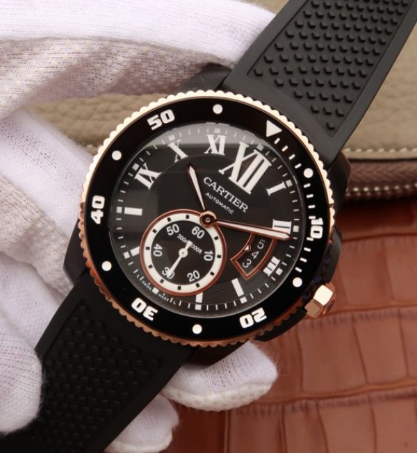 Replica Cartier JJF Calibre De Cartier Diver DLC Black Dial RG Bezel Black Rubber Strap A23J - Elite Watch Atelier