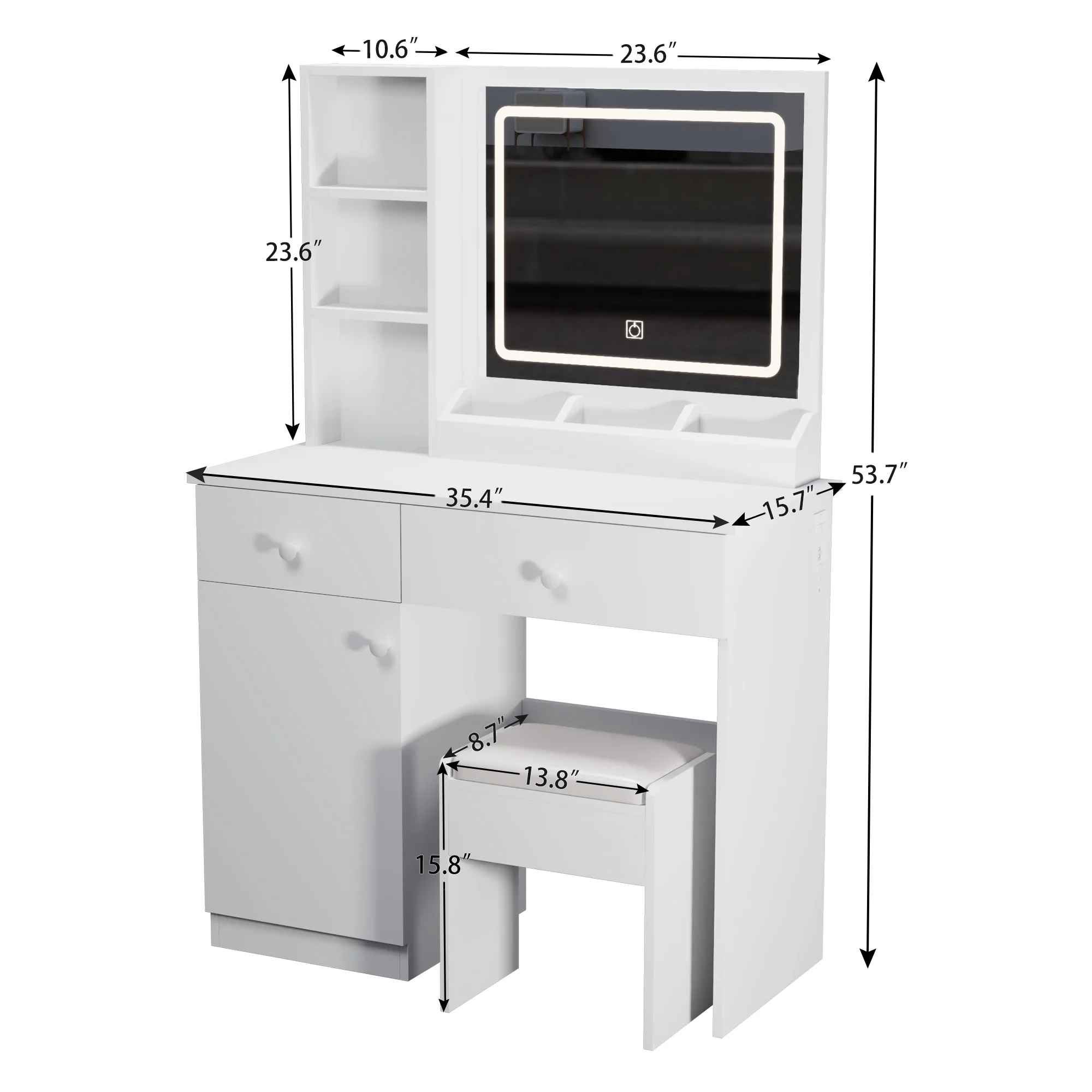 Montary Modern Mini Vanity w/Adjustable LED Mirror + Hidden Storage, Padded Stool & Dustproof Shelves (White) - Image 54