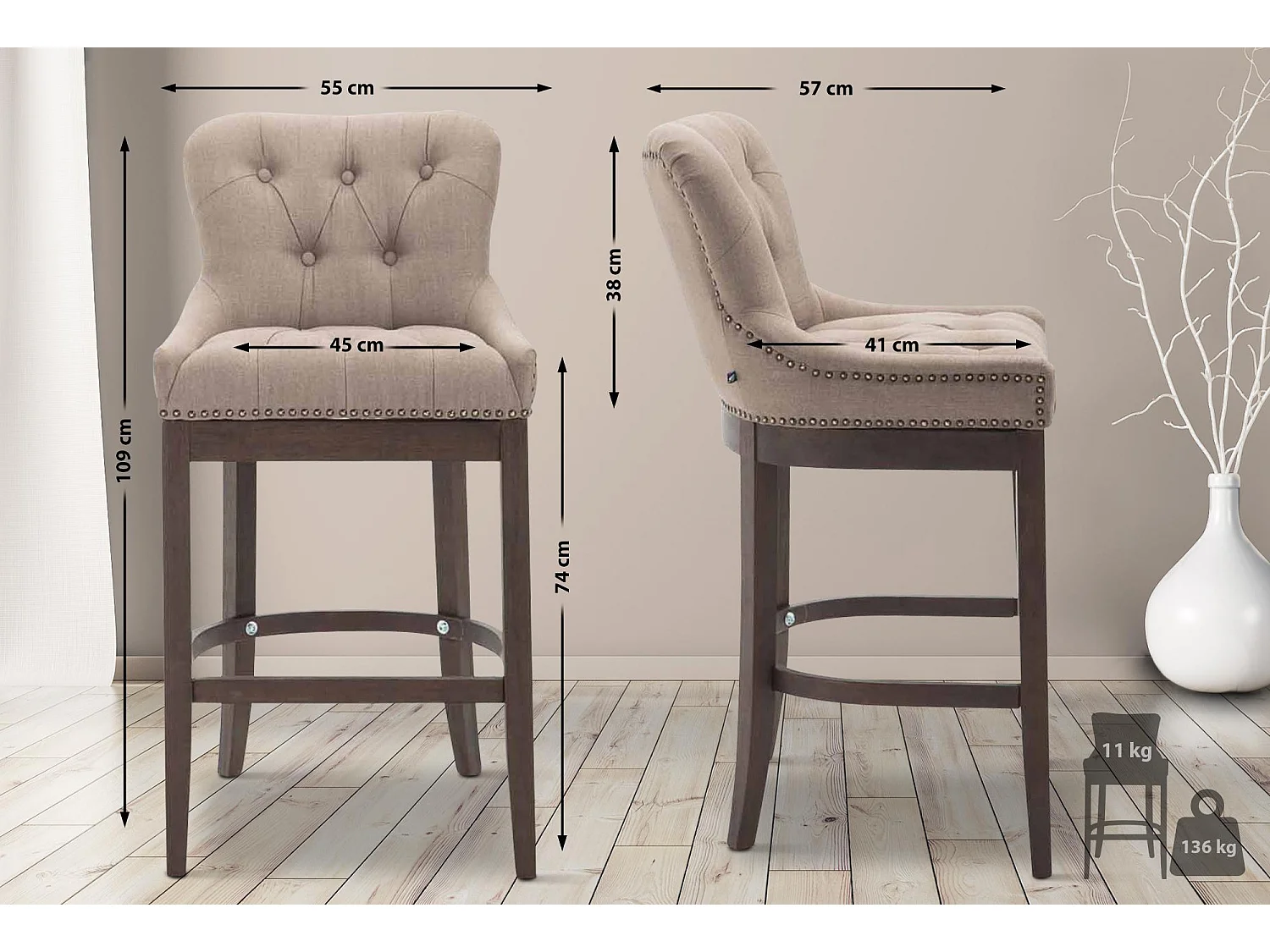 Tabouret de bar - Tissu & Bois - Taupe - Lakewood