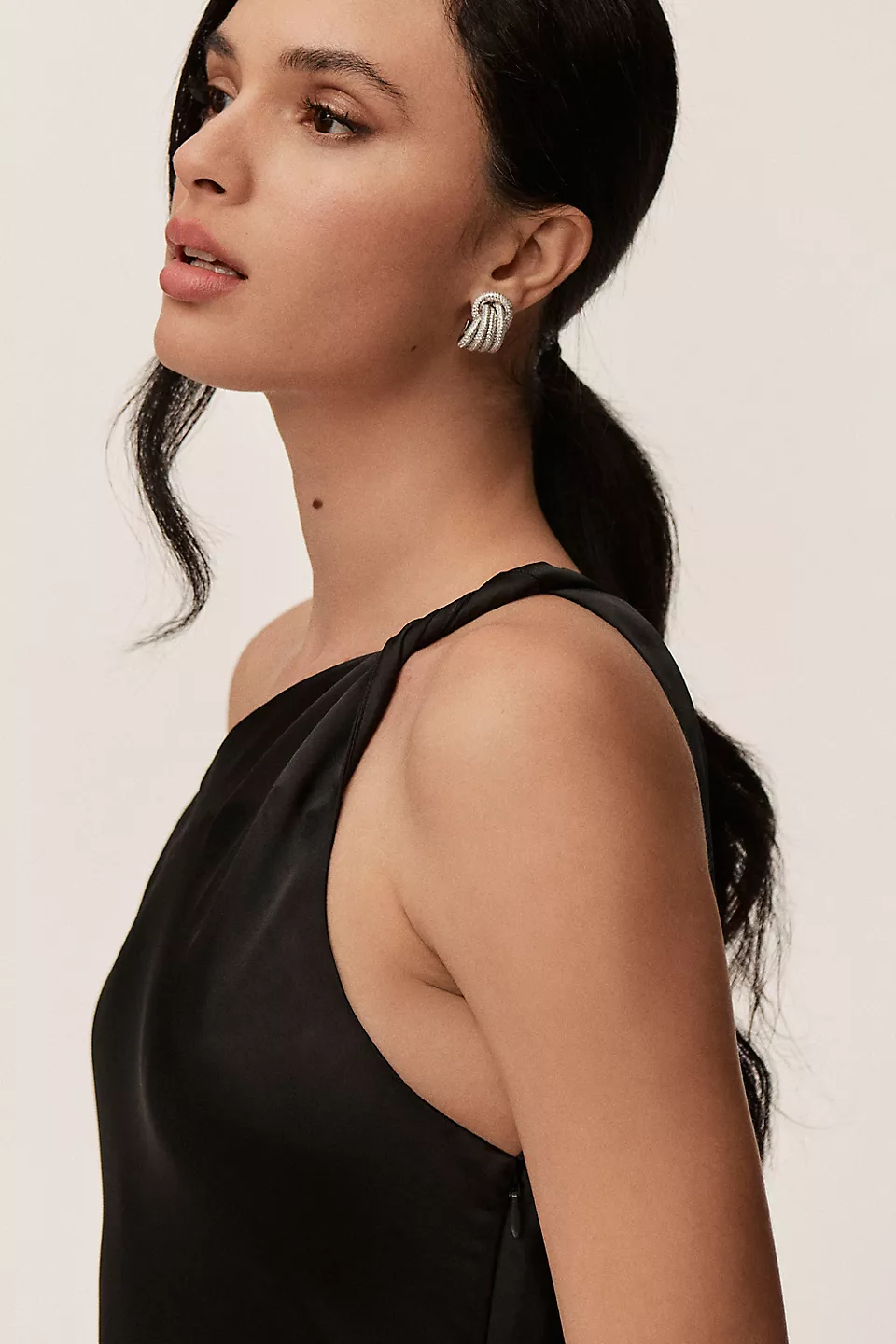 Off-The-Shoulder High-Shine Satin Maxi Dress - Black