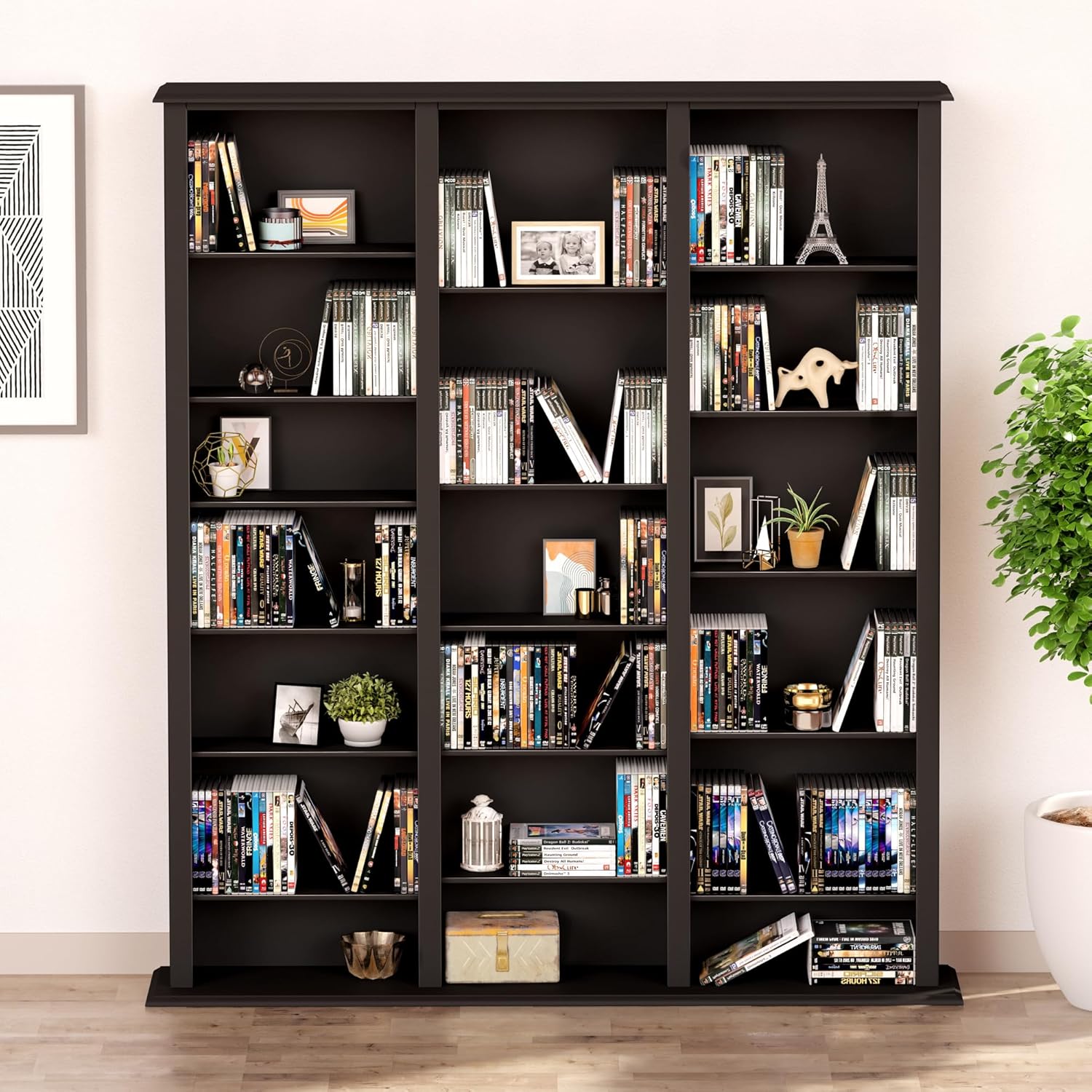 Prepac Barrister 3 Column Tall Storage Cabinet, Black Storage Cabinet with 27 Adjustable Shelves Display DVD for Living Room, 9.5