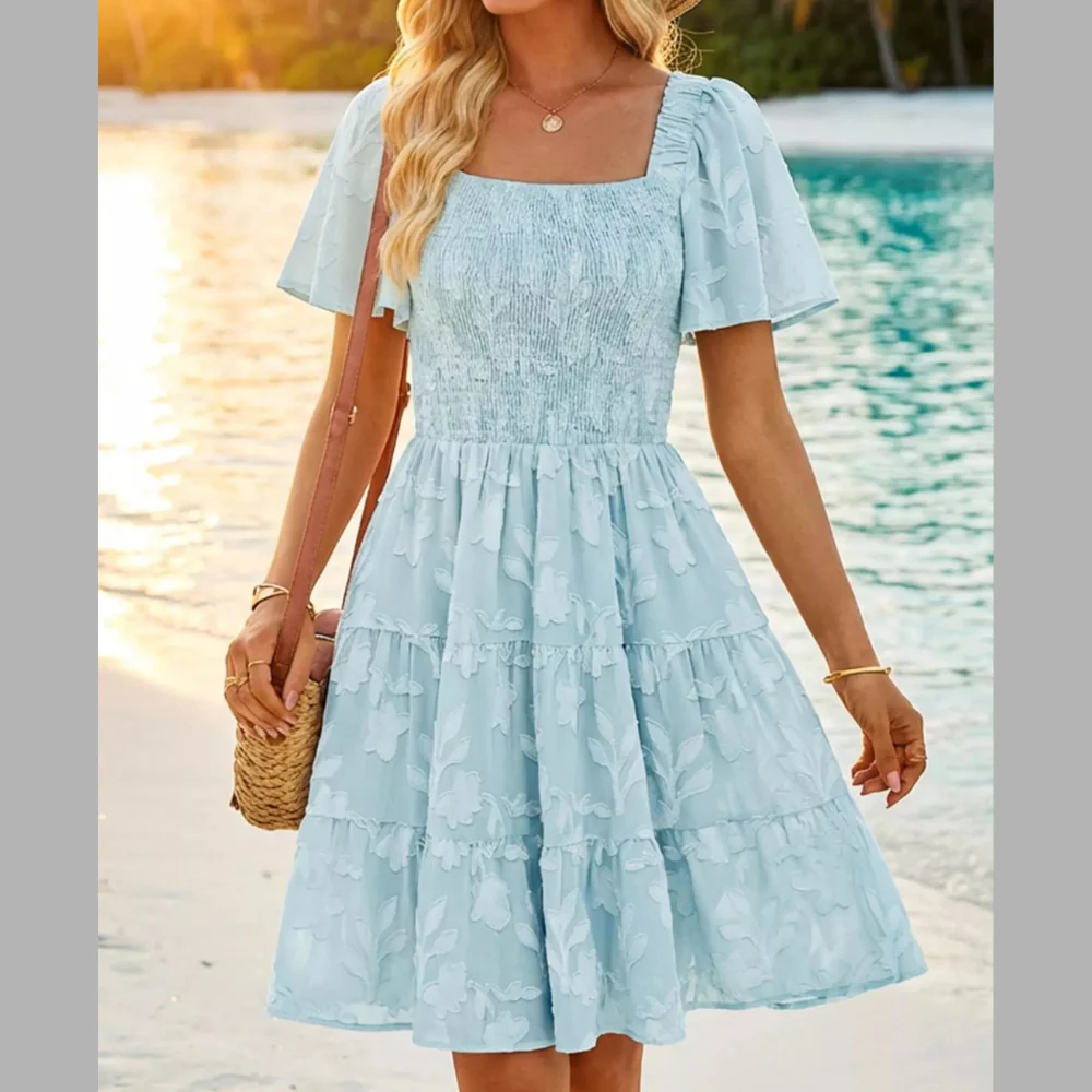 Smocked Square Neck Tiered Mini Dress - ZKZOOK