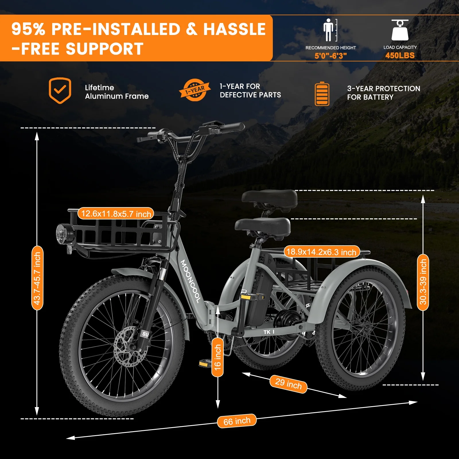MOONCOOL TK1 Folding Electric Tricycle for Adults,48V 14.5Ah Removable battery, 500W(Peak 1000w)Motor, 20" Fat Tire Step-Thru 3Wheel Electric Bicycle w/Front&Rear Baskets, Certified to UL 2849 by SGS - Image 55