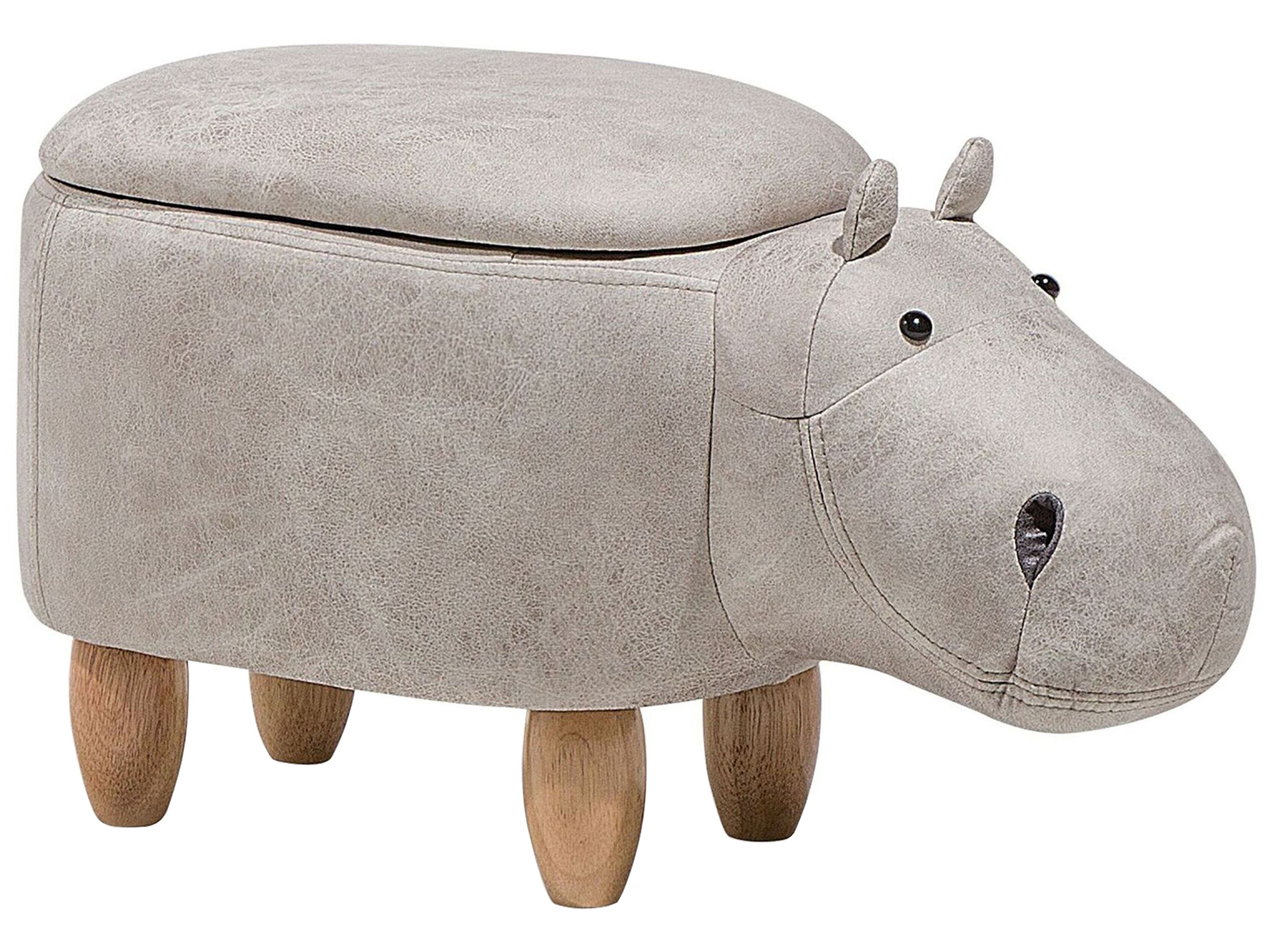 Storage Animal Stool HIPPO Faux Leather Light Grey Hippo